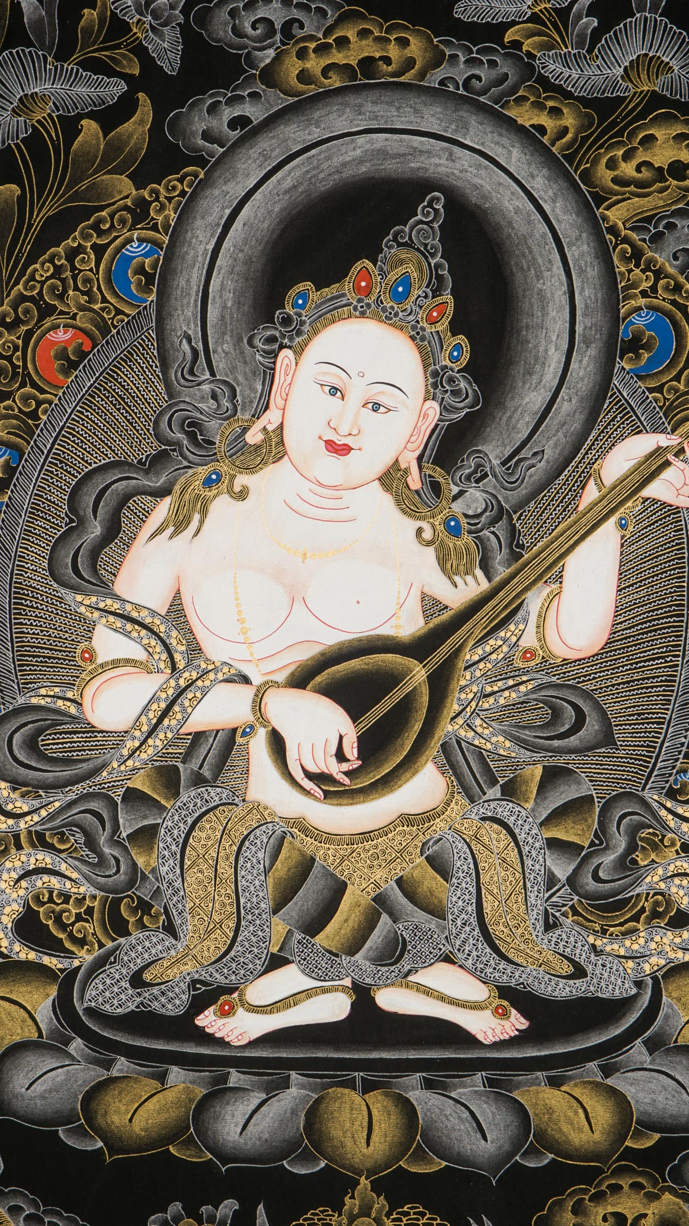 A beautiful hand-painted art of  the honored Hindu goddess of wisdom, knowledge, speech, music, and the arts. 