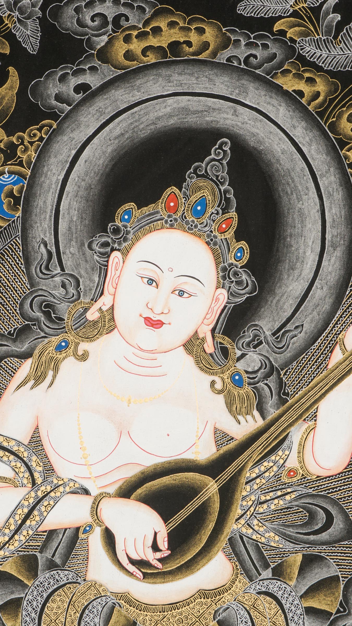 A beautiful hand-painted art of  the honored Hindu goddess of wisdom, knowledge, speech, music, and the arts. 