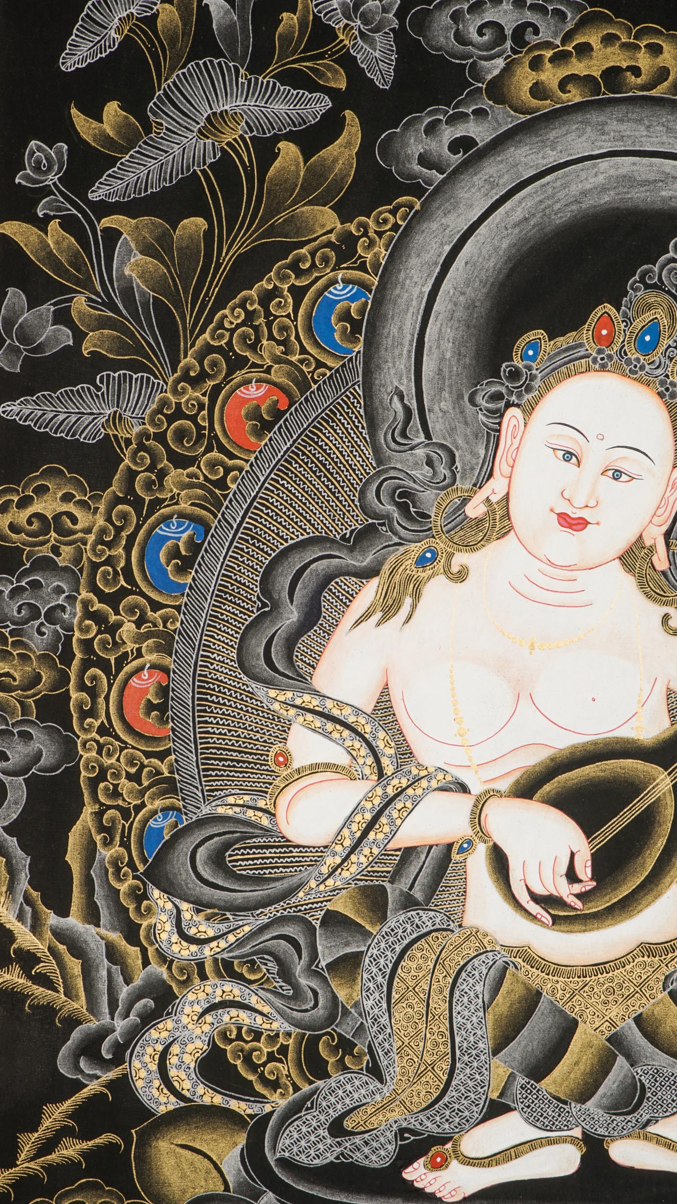 A beautiful hand-painted art of  the honored Hindu goddess of wisdom, knowledge, speech, music, and the arts. 