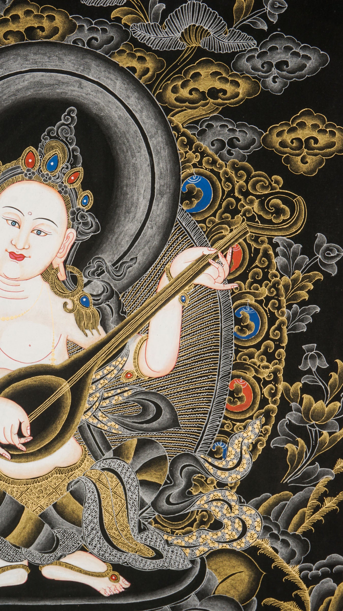 A beautiful hand-painted art of  the honored Hindu goddess of wisdom, knowledge, speech, music, and the arts. 