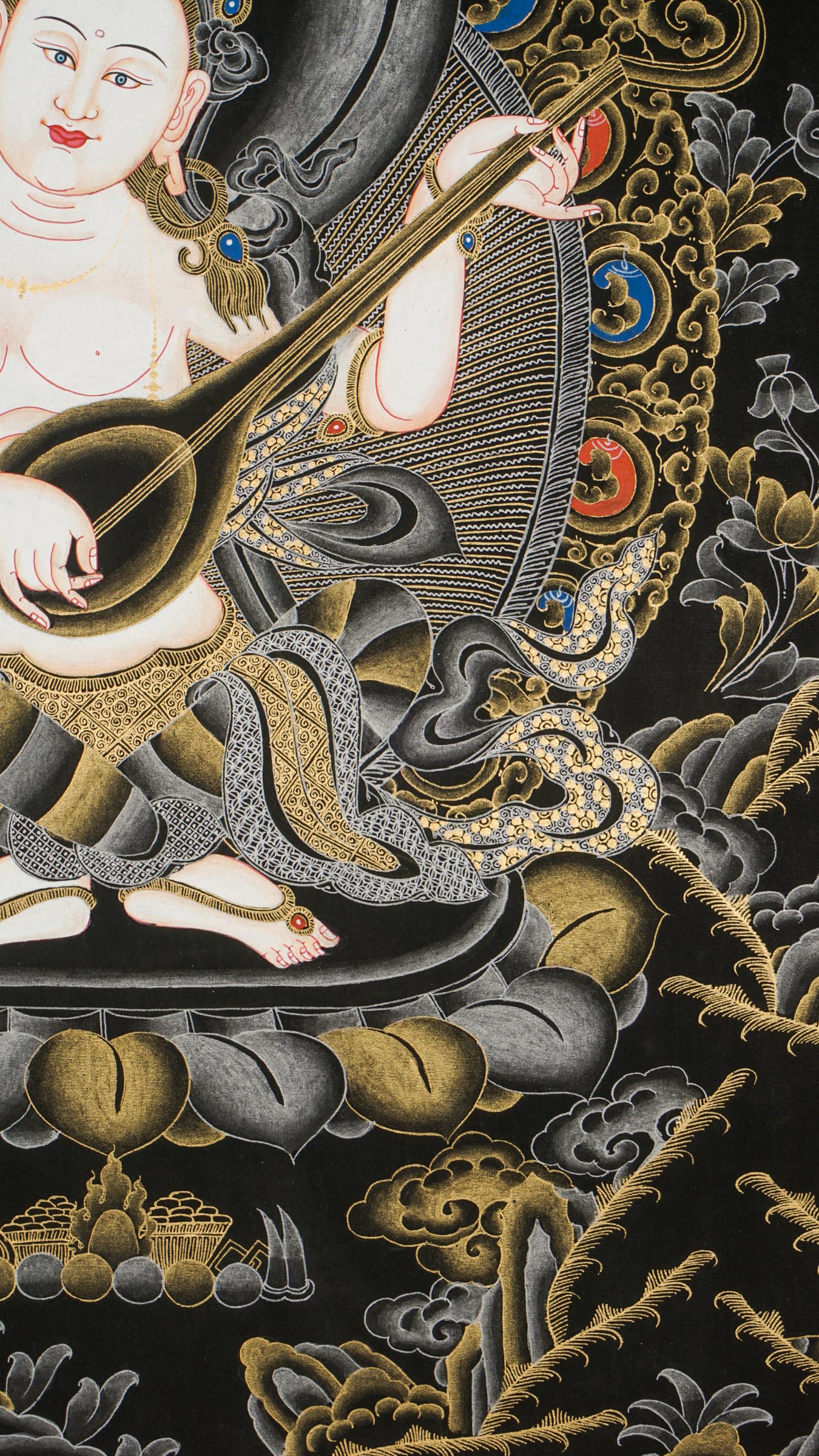 A beautiful hand-painted art of  the honored Hindu goddess of wisdom, knowledge, speech, music, and the arts. 