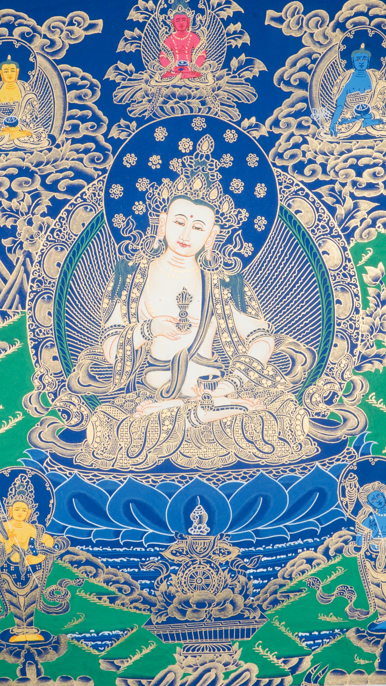 Vajrasattva Thangka - A sacred Thangka art of Goddess Vajrasattva, hand-painted depiction in striking blue and green hues enhanced with 24k gold.