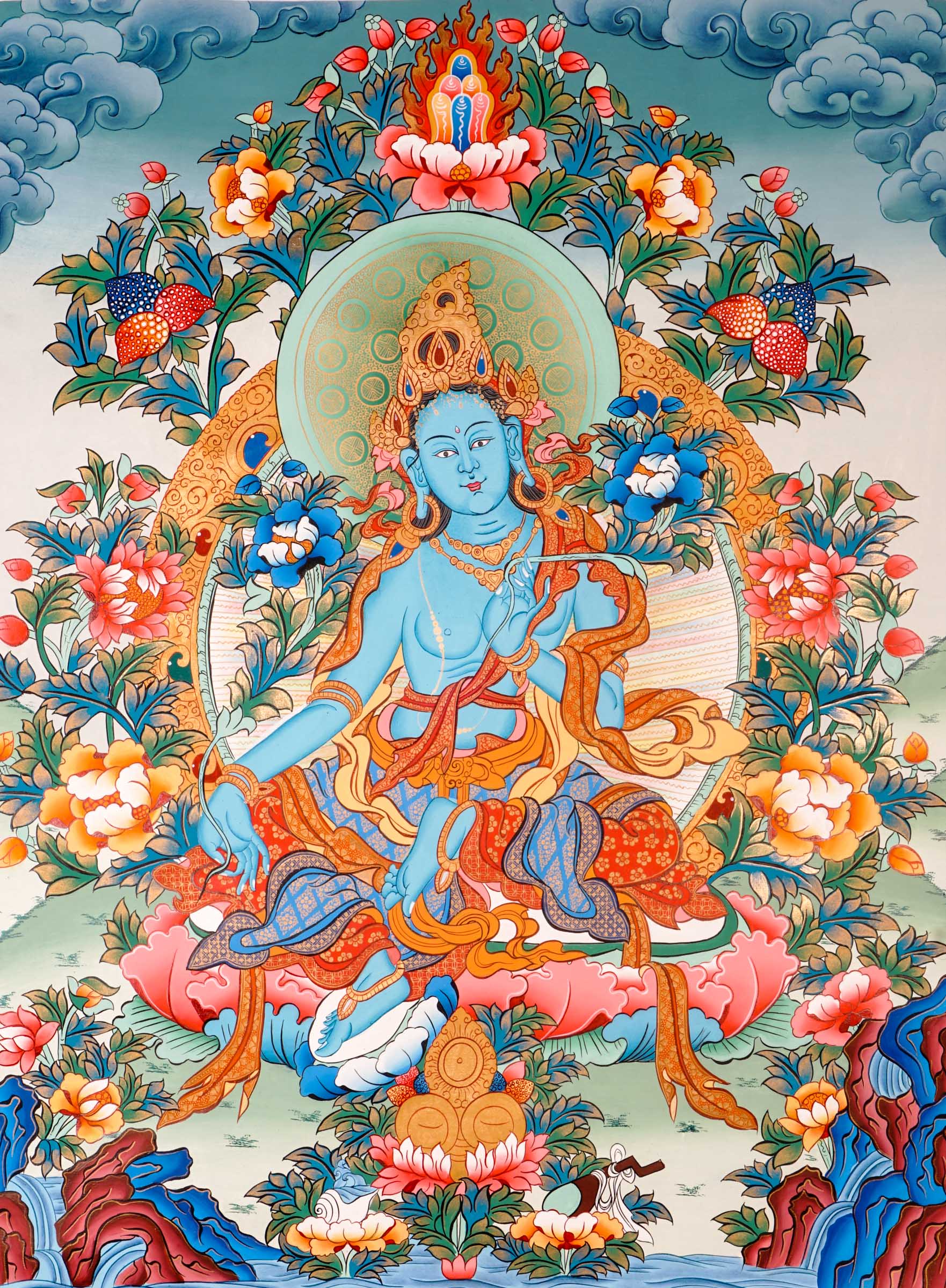 Tibetan thangka of Green Tara in a blue-green form seated in lalitasana on a golden lotus throne, holding a lotus and showing the varada mudra, surrounded by flowers and a peaceful background.