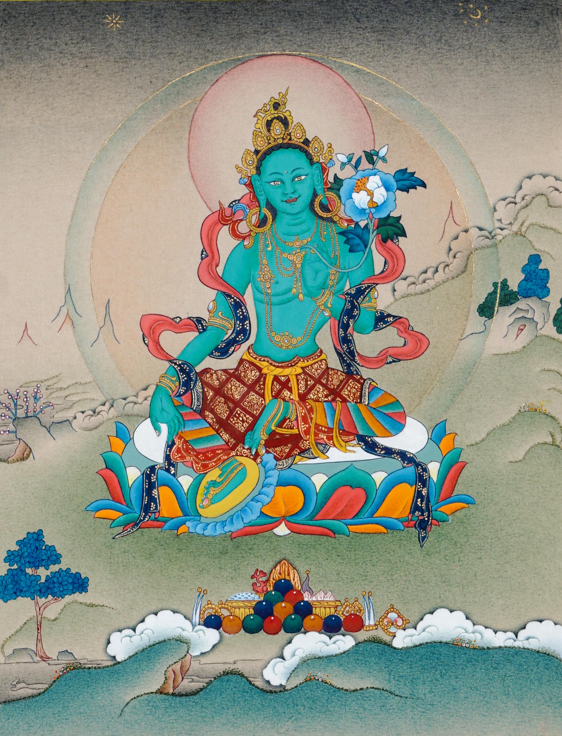 Tibetan thangka of Green Tara seated in lalitasana on a lotus throne, right hand in varada mudra and left hand holding a blue lotus, surrounded by a serene and peaceful background.