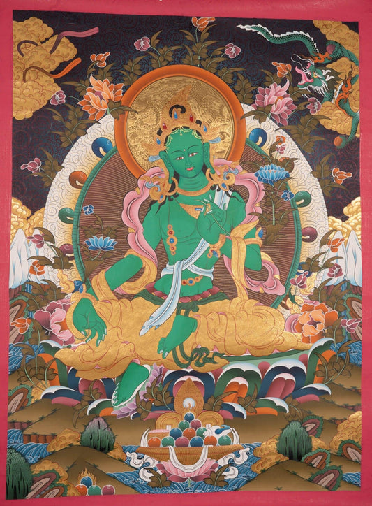 This hand-painted Thangka is a spiritual portal that invites you to immerse yourself in the divine energy of Green Tara.