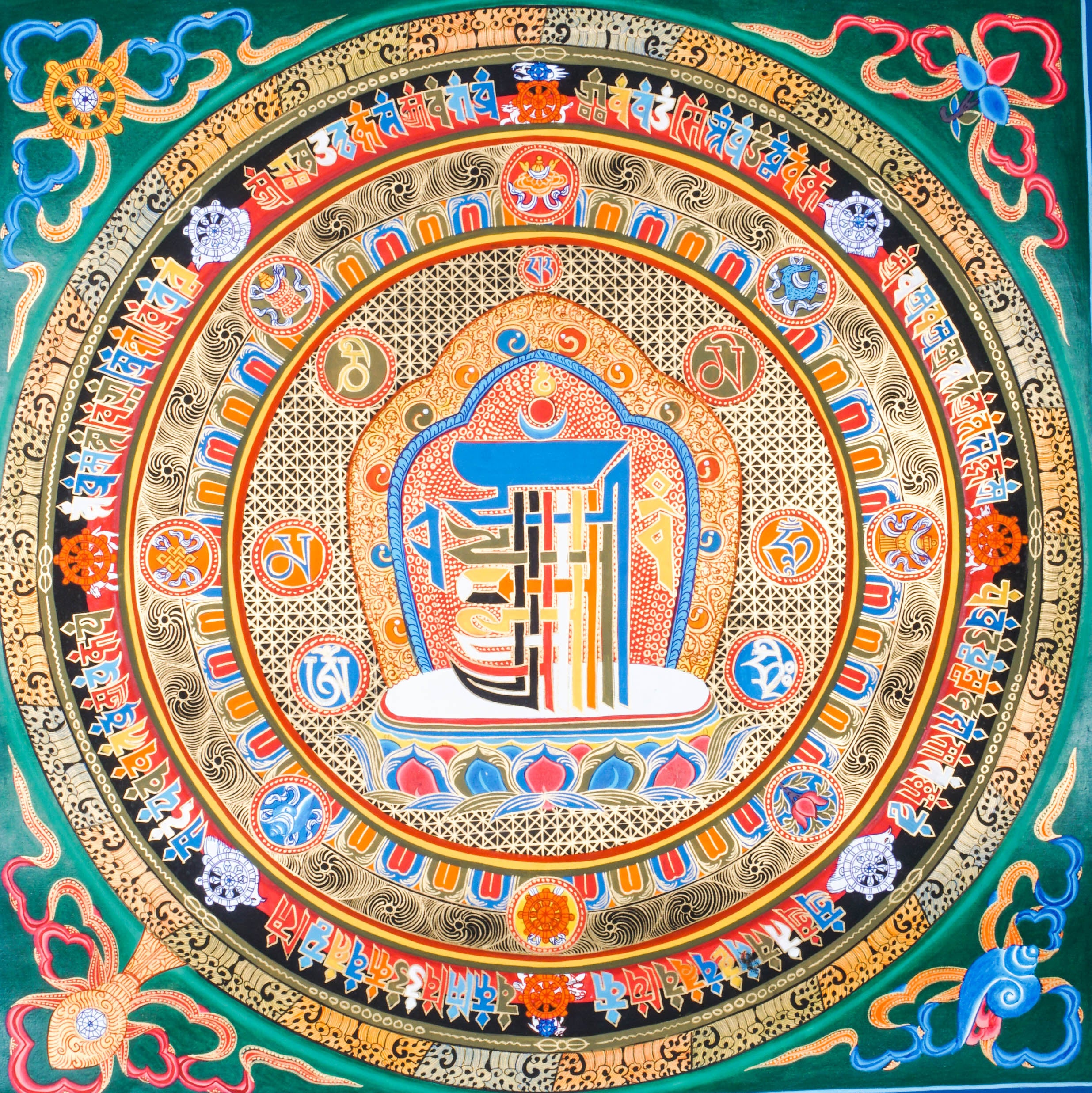 Kalachakra Mandala Thangka symbolizes the Wheel of Time in Tibetan Buddhism. Used in advanced meditation, it helps connect with cosmic order and inner wisdom.