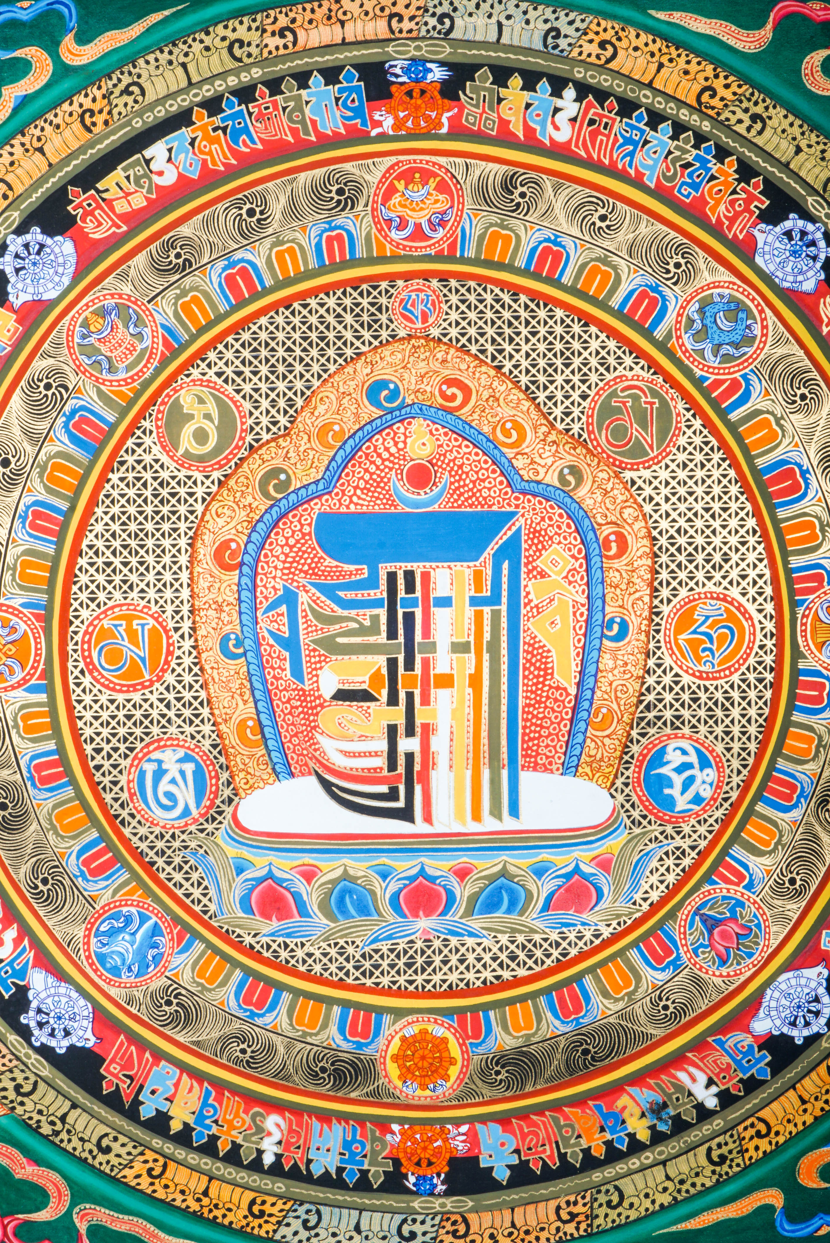 Kalachakra Mandala Thangka symbolizes the Wheel of Time in Tibetan Buddhism. Used in advanced meditation, it helps connect with cosmic order and inner wisdom.