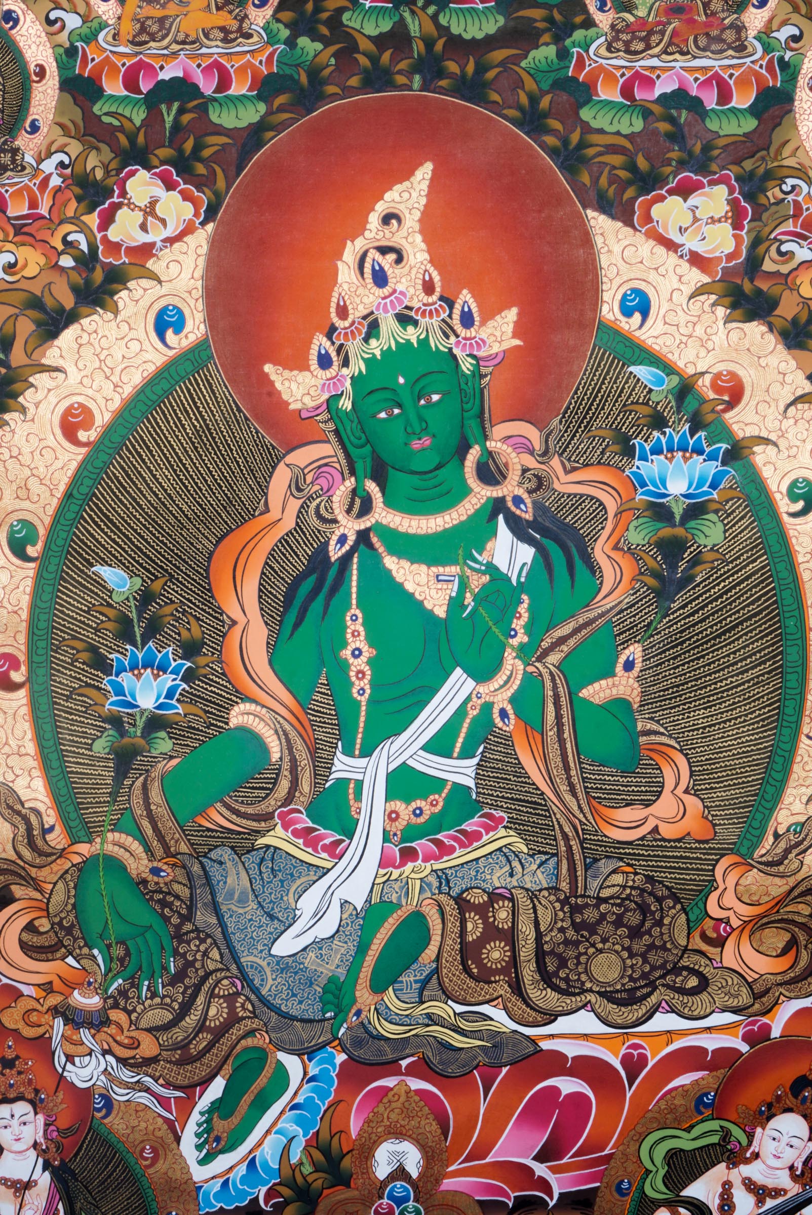 Green Tara is a well-known figure in Tibetan Buddhism, often regarded as the embodiment of compassion and quick response. Her lively green complexion represents vitality and her ability to conquer obstacles, and she is typically portrayed sitting in a calm meditative position, prepared to take action.