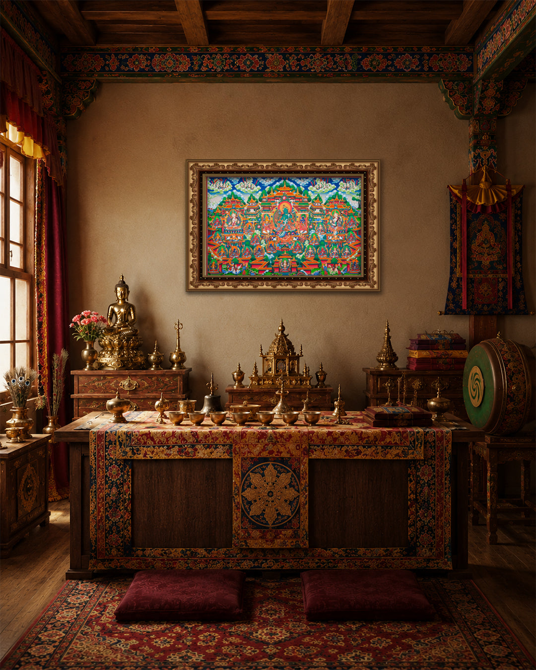 Divine Feminine Trio – Green Tara, Saraswati & Dukkar Thangka Painting