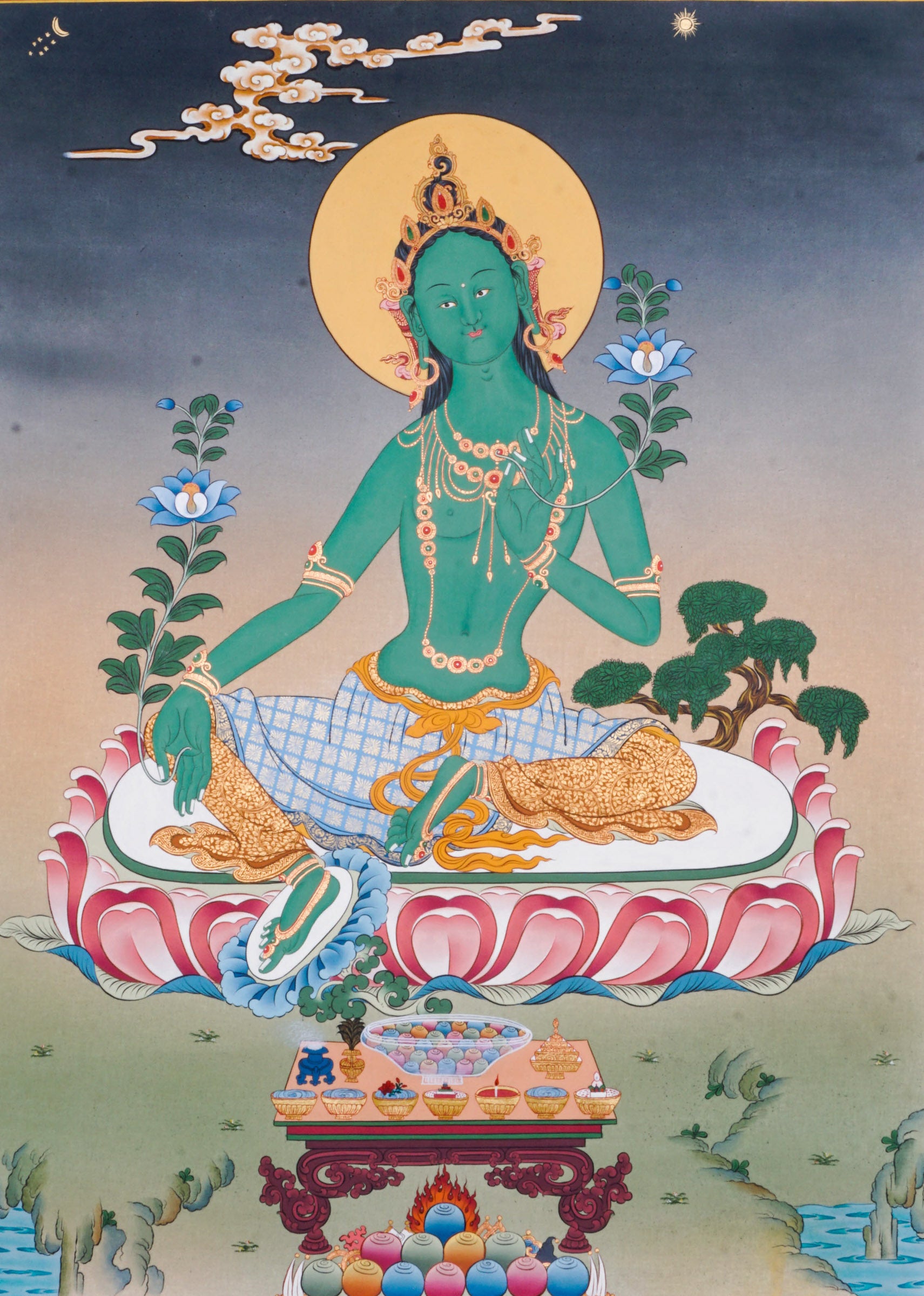Green Tara Thangka is a Tibetan Buddhist artwork of the goddess of compassion and protection. Her green form symbolizes swift action, healing, and the removal of obstacles.