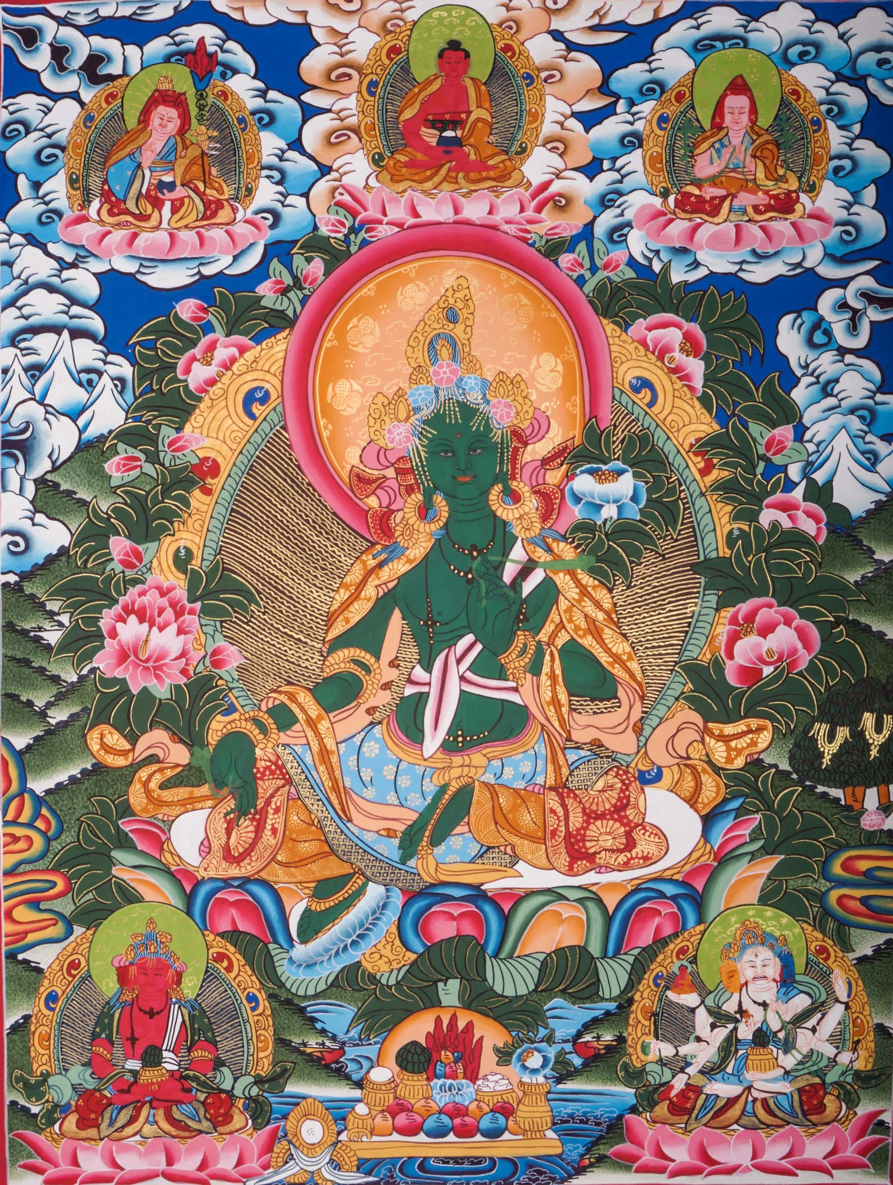 This genuine Tibetan Green Tara Thangka showcases the goddess of compassion and protection, hand-painted with natural pigments in traditional Himalayan style.