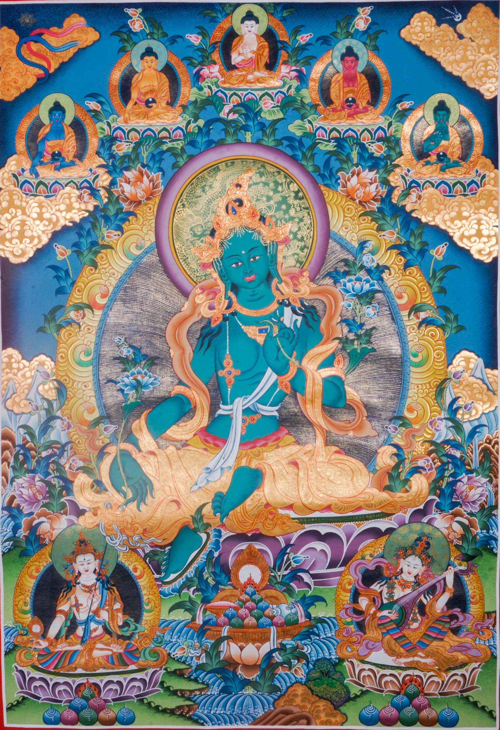 Genuine Green Tara Thangka, hand-painted with natural mineral pigments, beautifully depicts the compassionate Tibetan Buddhist deity known for swift protection and overcoming obstacles. This authentic artwork serves as a powerful meditation aid and sacred decoration, inviting spiritual growth, peace, and blessings into your home or sacred space.