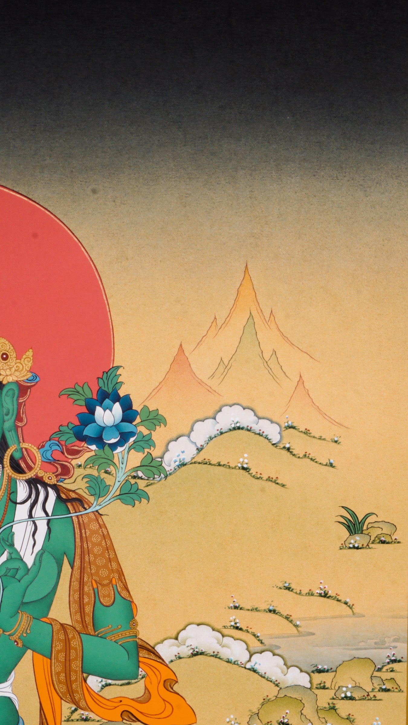 The Green Tara Thangka Painting features the compassionate Tibetan Buddhist goddess known for her swift protection and fearless energy. Hand-painted using traditional methods and natural pigments, this genuine Thangka radiates Green Tara’s benevolence and is a powerful symbol of courage, healing, and divine support.