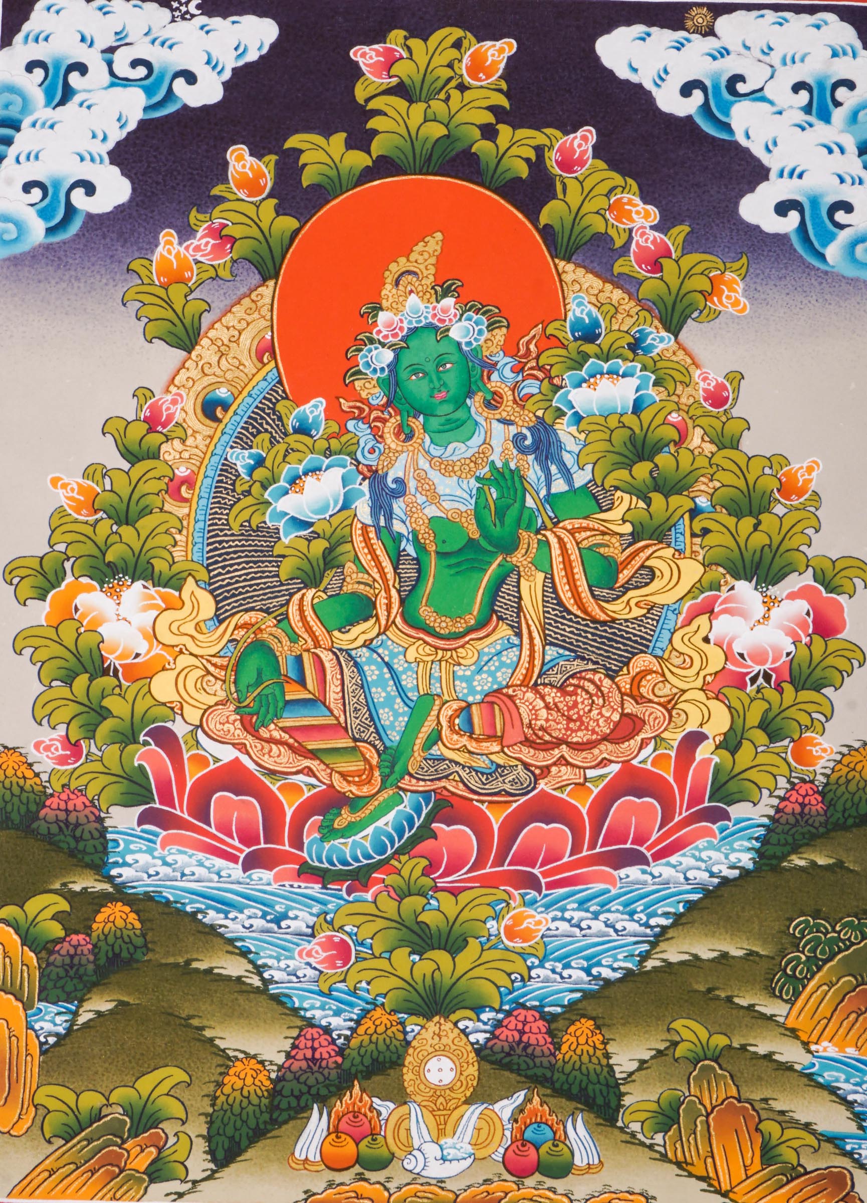 This genuine Tibetan Green Tara Thangka, hand-painted with natural pigments, embodies compassion and swift protection—ideal for inviting healing energy and abundance into your sacred space.