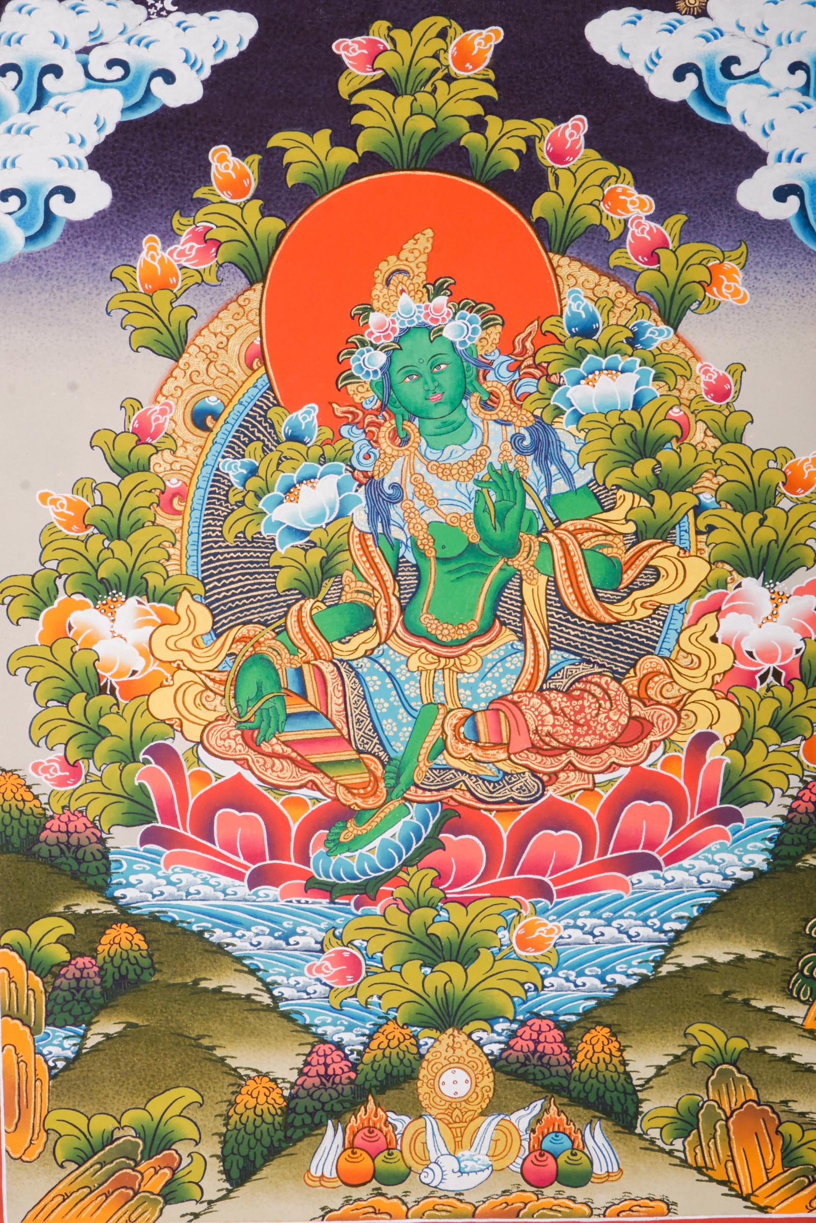 This genuine Tibetan Green Tara Thangka, hand-painted with natural pigments, embodies compassion and swift protection—ideal for inviting healing energy and abundance into your sacred space.