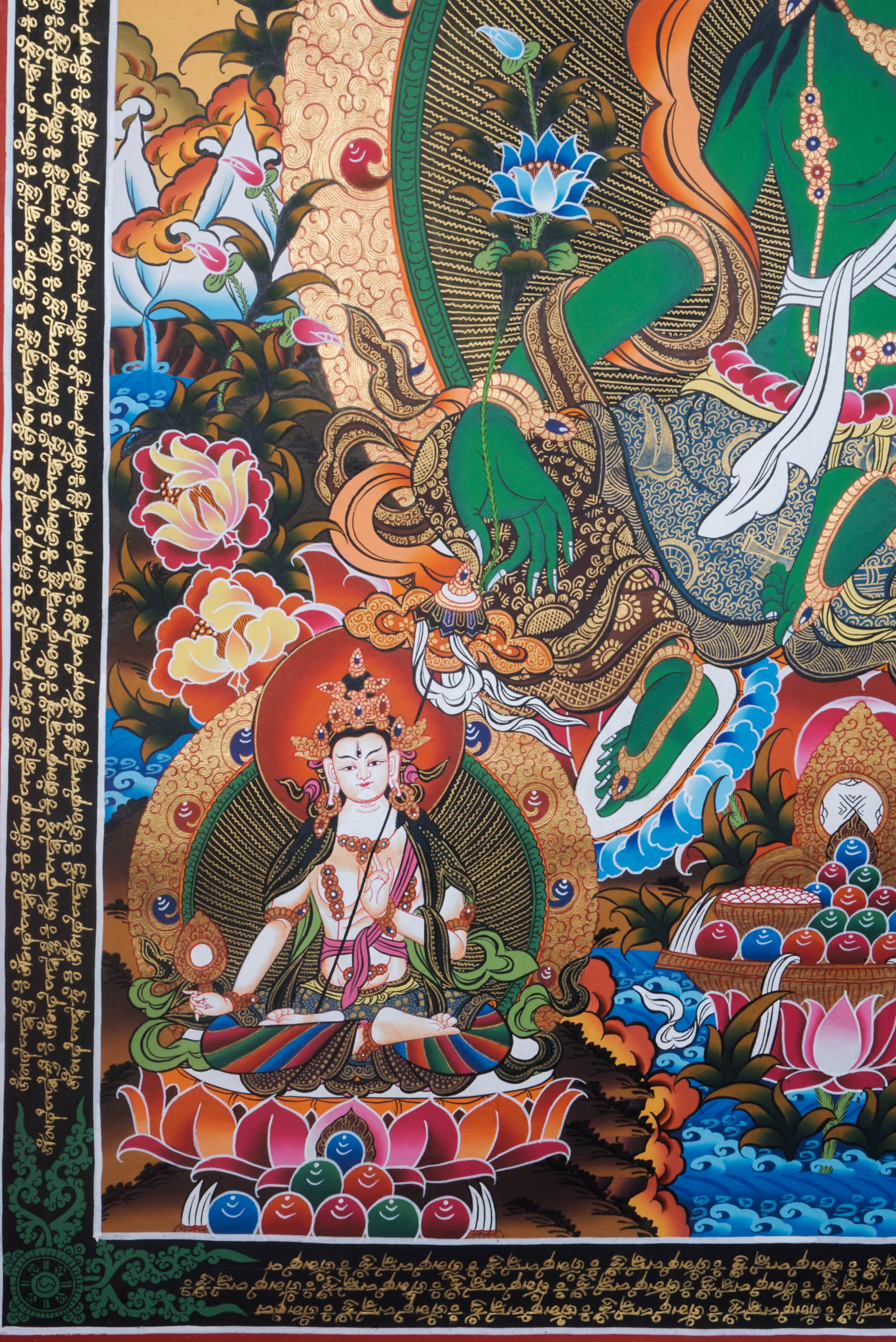 Green Tara is a well-known figure in Tibetan Buddhism, often regarded as the embodiment of compassion and quick response. Her lively green complexion represents vitality and her ability to conquer obstacles, and she is typically portrayed sitting in a calm meditative position, prepared to take action.