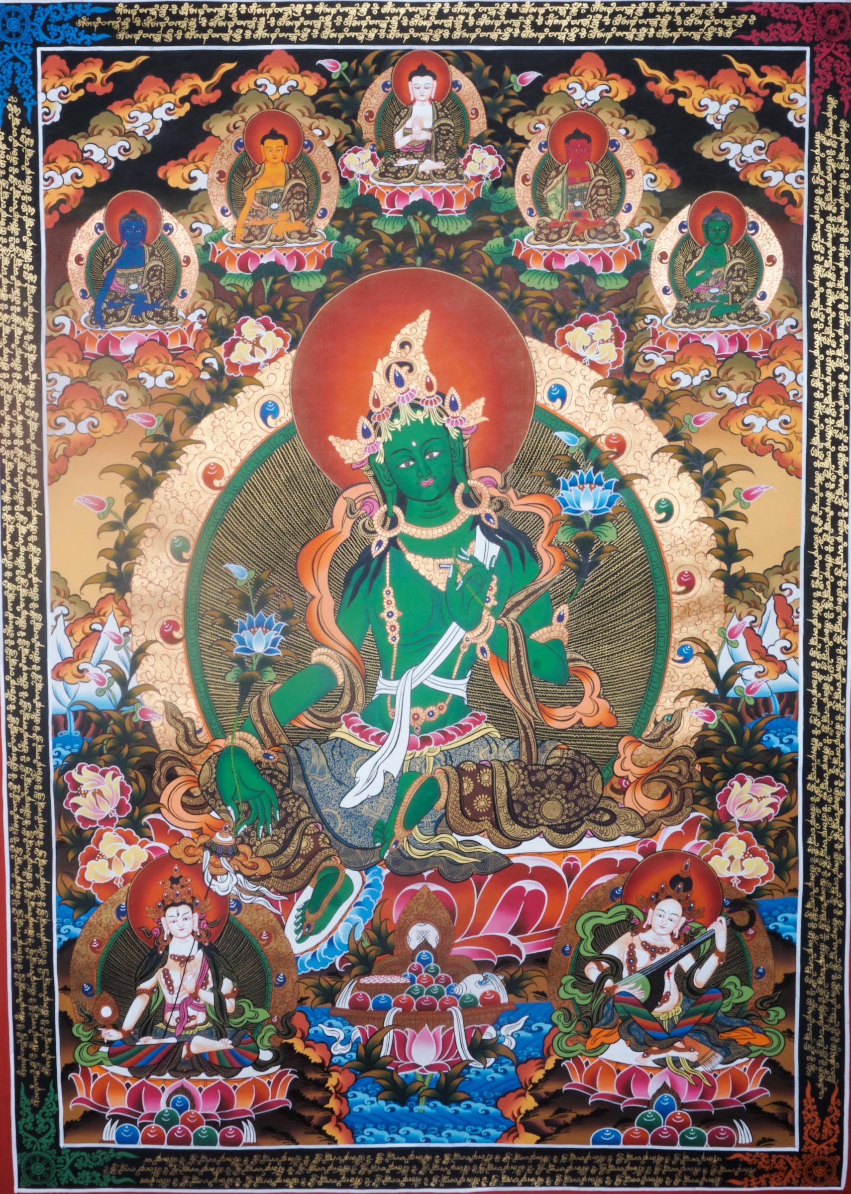Green Tara is a well-known figure in Tibetan Buddhism, often regarded as the embodiment of compassion and quick response. Her lively green complexion represents vitality and her ability to conquer obstacles, and she is typically portrayed sitting in a calm meditative position, prepared to take action.