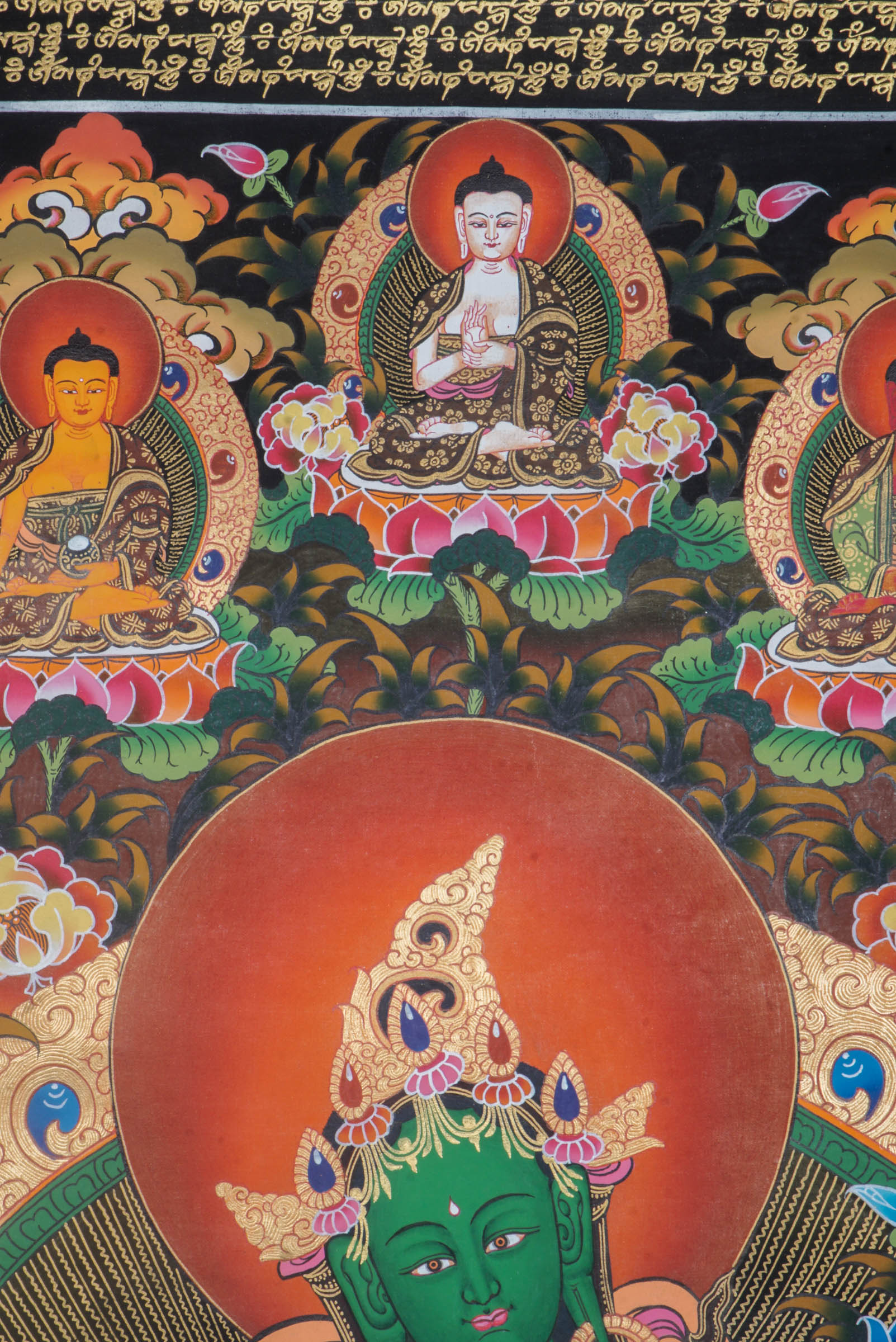 Green Tara is a well-known figure in Tibetan Buddhism, often regarded as the embodiment of compassion and quick response. Her lively green complexion represents vitality and her ability to conquer obstacles, and she is typically portrayed sitting in a calm meditative position, prepared to take action.