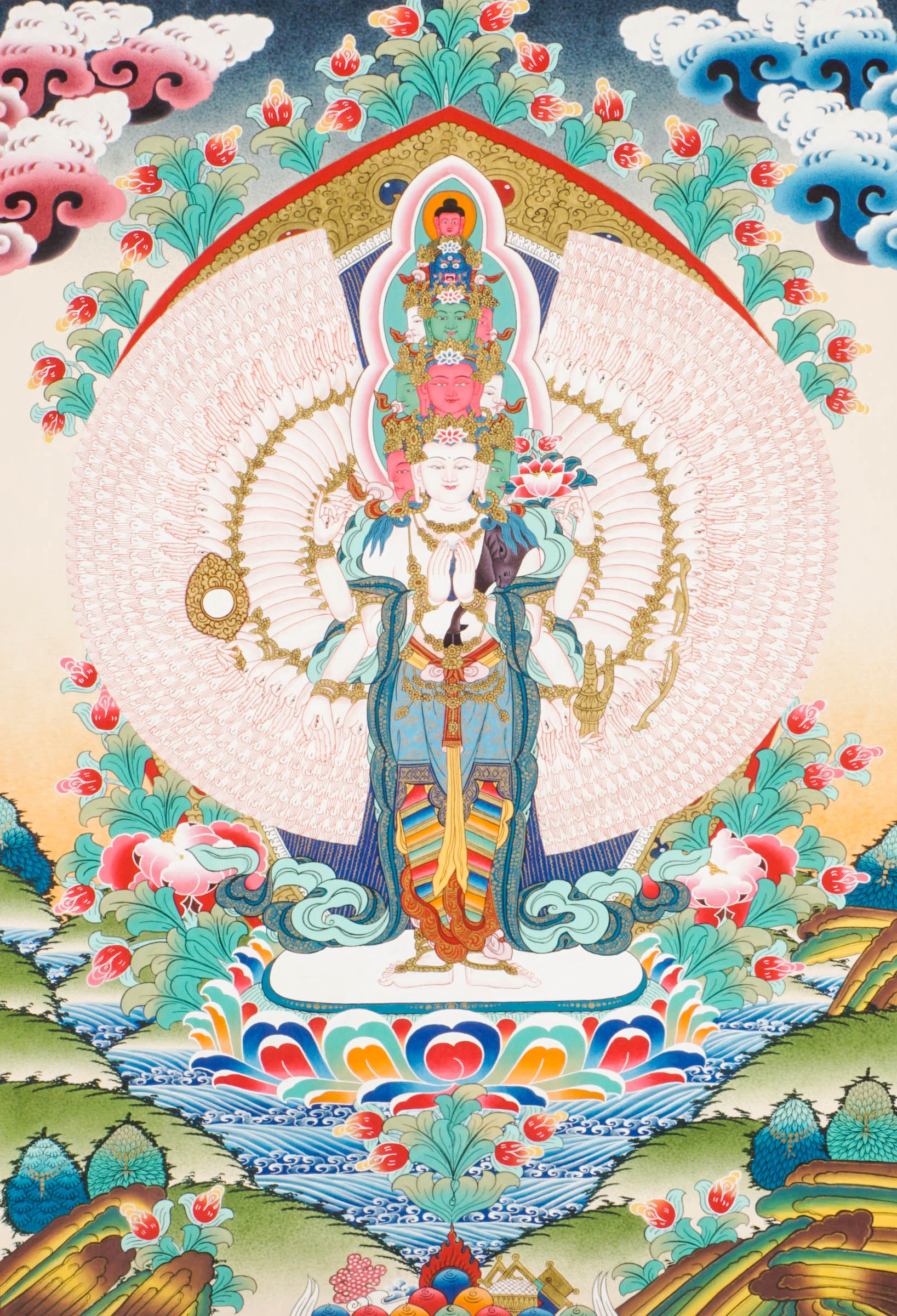 Hand-painted Tibetan Thangka of Avalokiteshvara (Guanyin), the Bodhisattva of Compassion in Buddhism. This sacred art piece, crafted with natural pigments, embodies peace and enlightenment, perfect for meditation or spiritual decor.