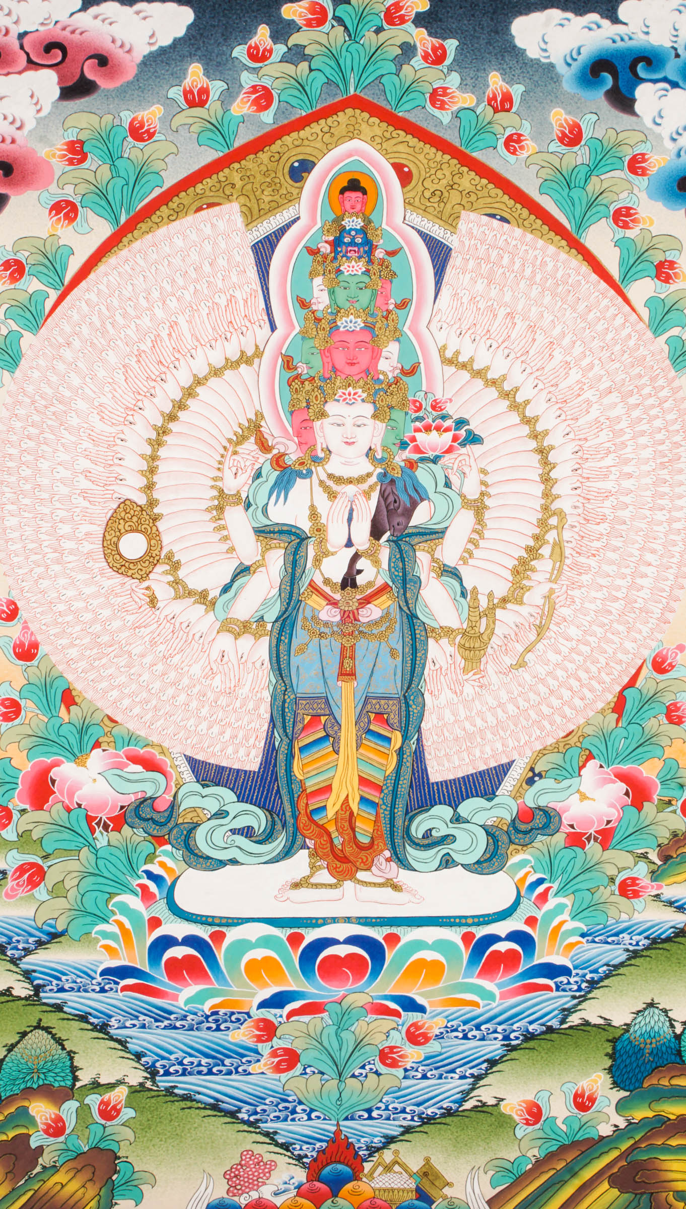 Hand-painted Tibetan Thangka of Avalokiteshvara (Guanyin), the Bodhisattva of Compassion in Buddhism. This sacred art piece, crafted with natural pigments, embodies peace and enlightenment, perfect for meditation or spiritual decor. 