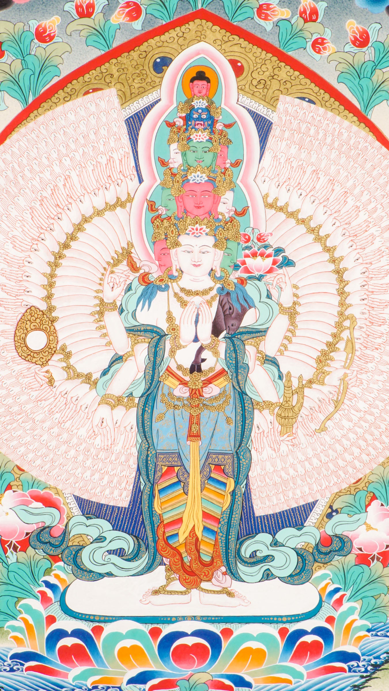 Hand-painted Tibetan Thangka of Avalokiteshvara (Guanyin), the Bodhisattva of Compassion in Buddhism. This sacred art piece, crafted with natural pigments, embodies peace and enlightenment, perfect for meditation or spiritual decor. 