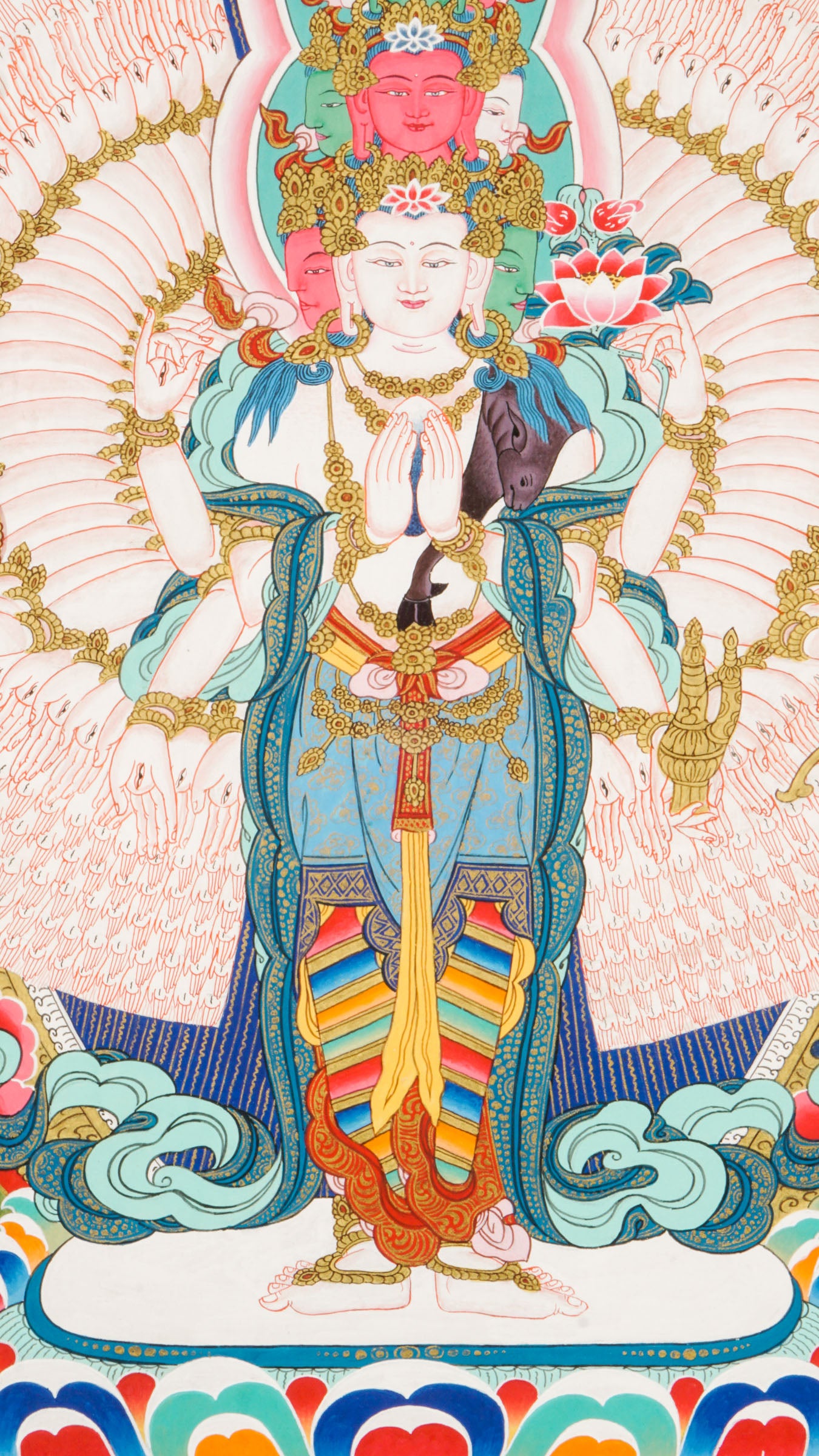Hand-painted Tibetan Thangka of Avalokiteshvara (Guanyin), the Bodhisattva of Compassion in Buddhism. This sacred art piece, crafted with natural pigments, embodies peace and enlightenment, perfect for meditation or spiritual decor. 