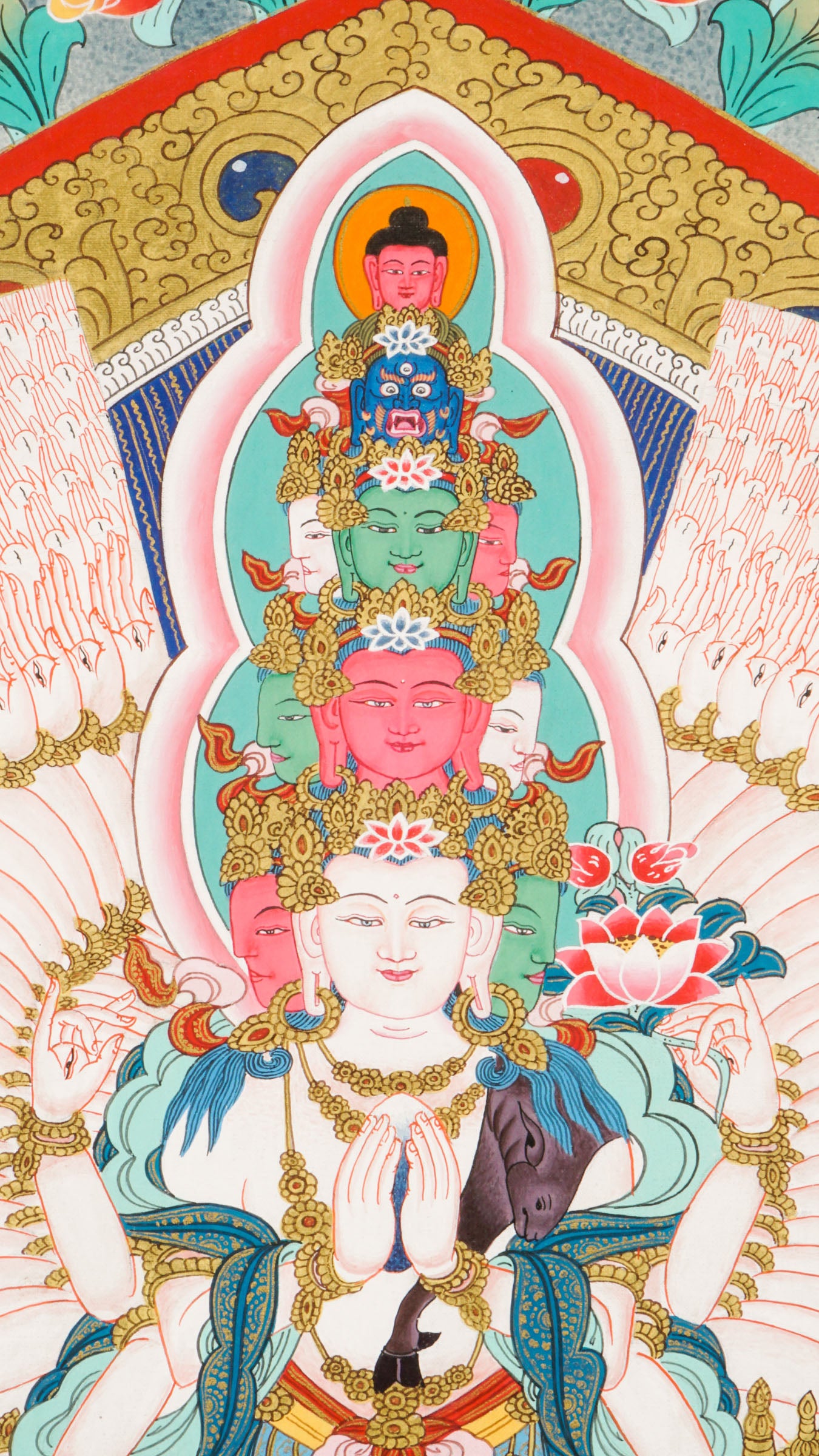 Hand-painted Tibetan Thangka of Avalokiteshvara (Guanyin), the Bodhisattva of Compassion in Buddhism. This sacred art piece, crafted with natural pigments, embodies peace and enlightenment, perfect for meditation or spiritual decor.