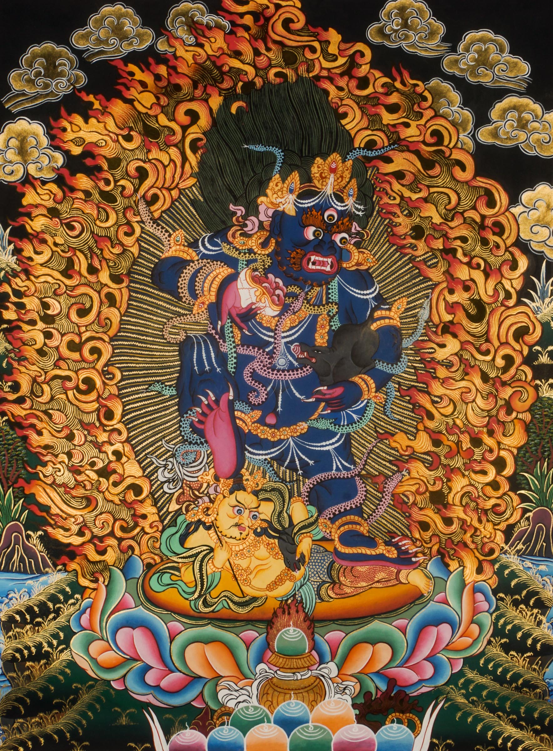 Black Zambala Thangka is a genuine Tibetan Buddhist artwork known for attracting wealth and removing obstacles. This traditional thangka symbolizes protection, prosperity, and spiritual strength. Ideal for meditation or sacred space. 