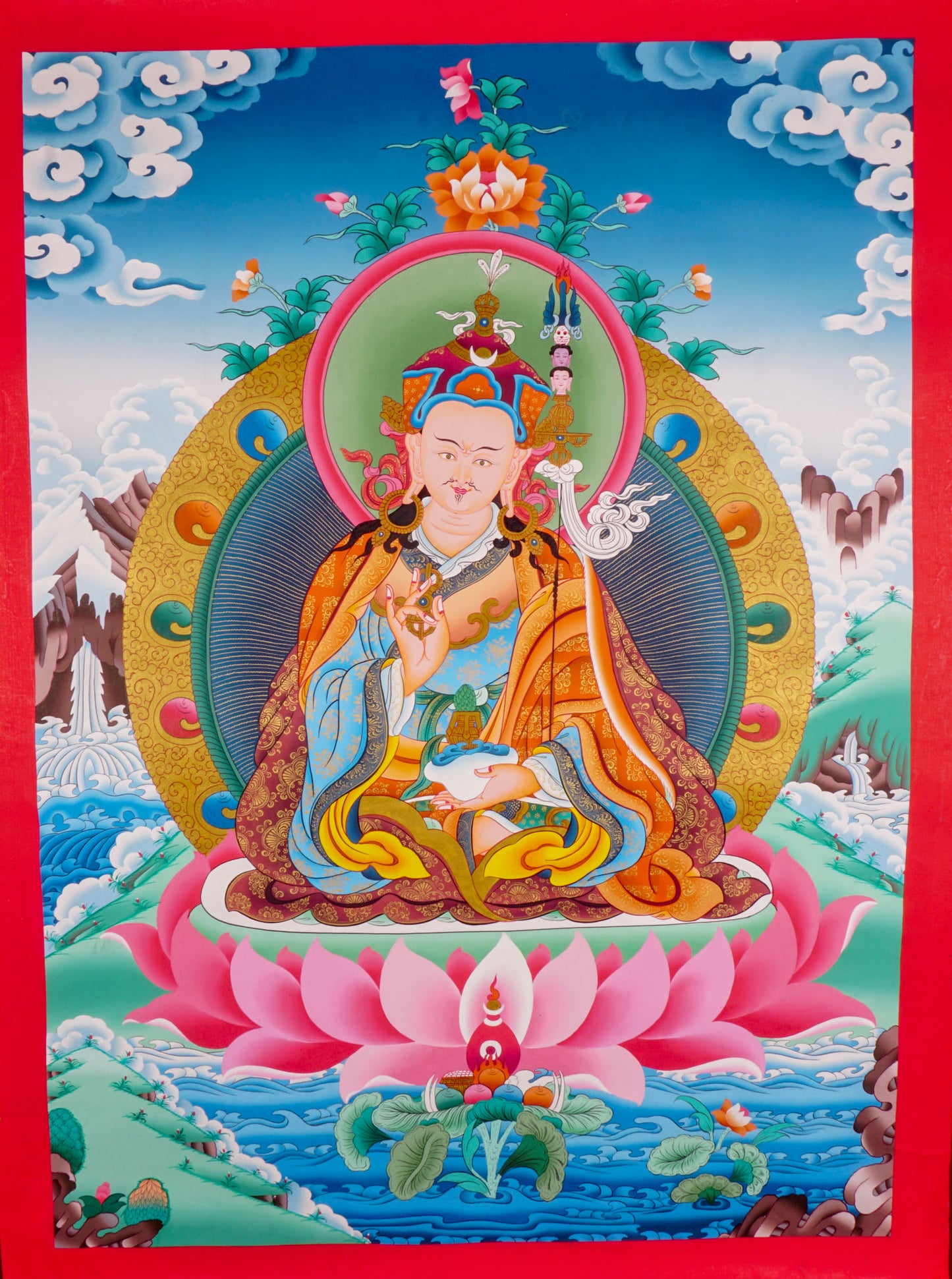  the Thangka artwork depicting Guru Rinpoche, a symbol representing Buddhist teachings and traditions. 