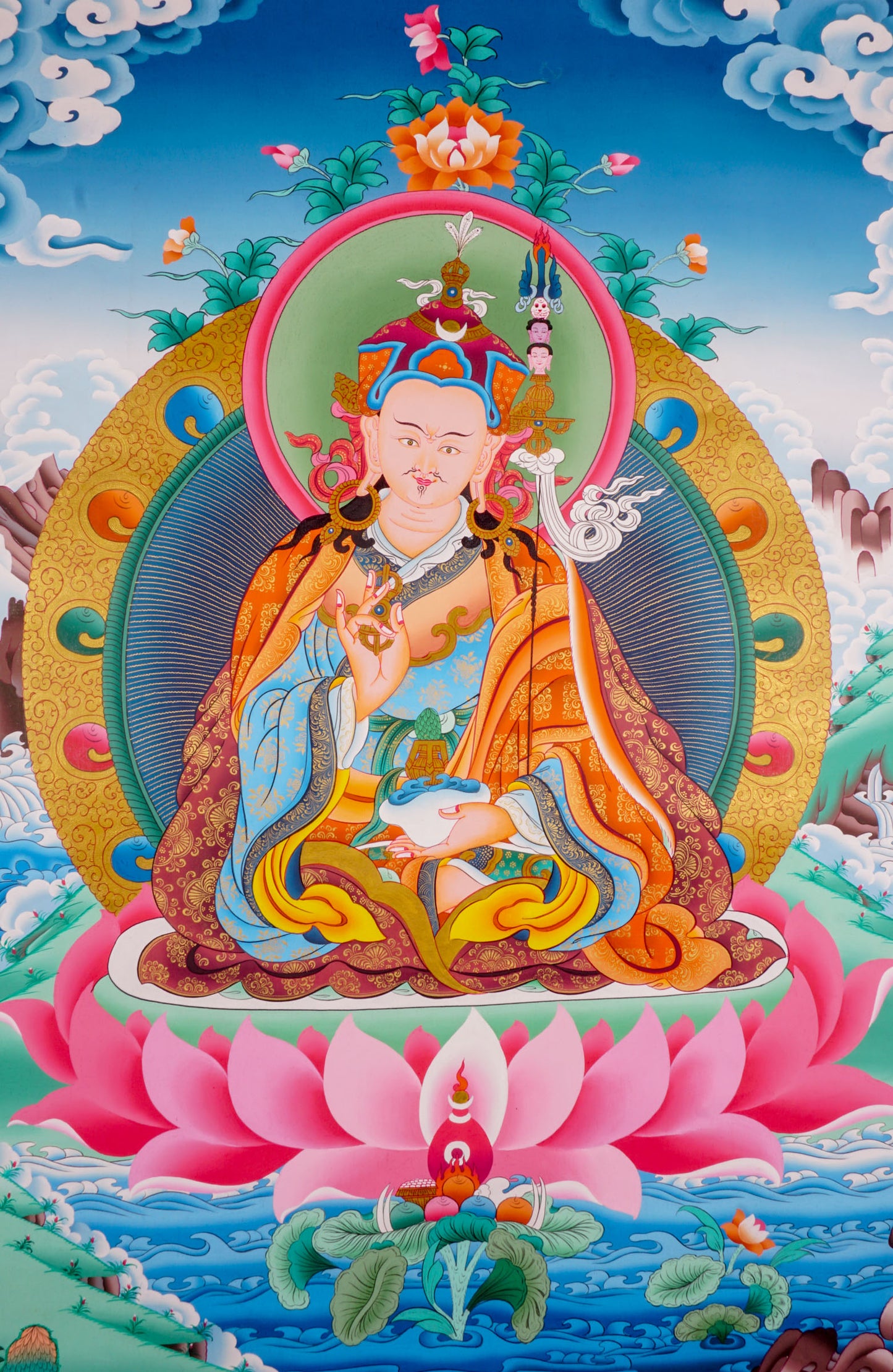 The Thangka artwork depicting Guru Rinpoche, a symbol representing Buddhist teachings and traditions.