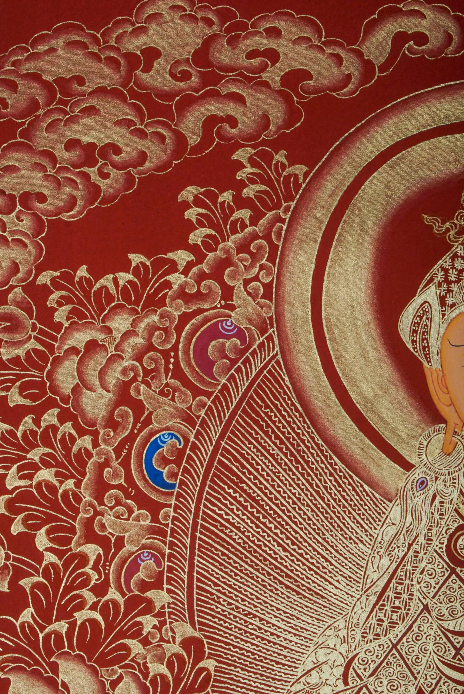 This genuine Tibetan Guru Padmasambhava Thangka honors the Lotus-Born master, symbolizing wisdom, protection, and spiritual power. Hand-painted with rich colors and sacred detail, it radiates blessings through the mantra Om Ah Hum Vajra Guru Padma Siddhi Hum.