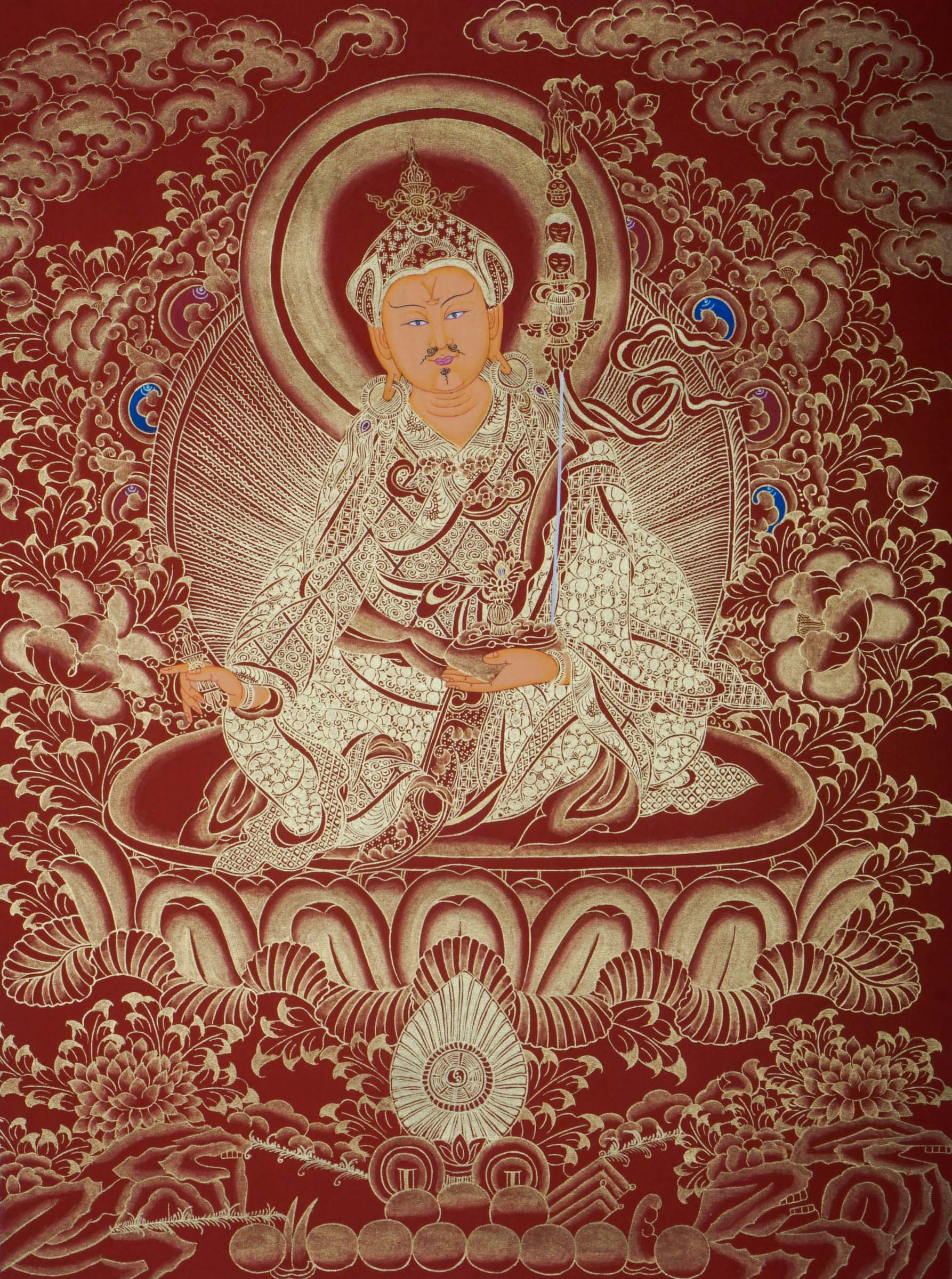 This genuine Tibetan Guru Padmasambhava Thangka honors the Lotus-Born master, symbolizing wisdom, protection, and spiritual power. Hand-painted with rich colors and sacred detail, it radiates blessings through the mantra Om Ah Hum Vajra Guru Padma Siddhi Hum.