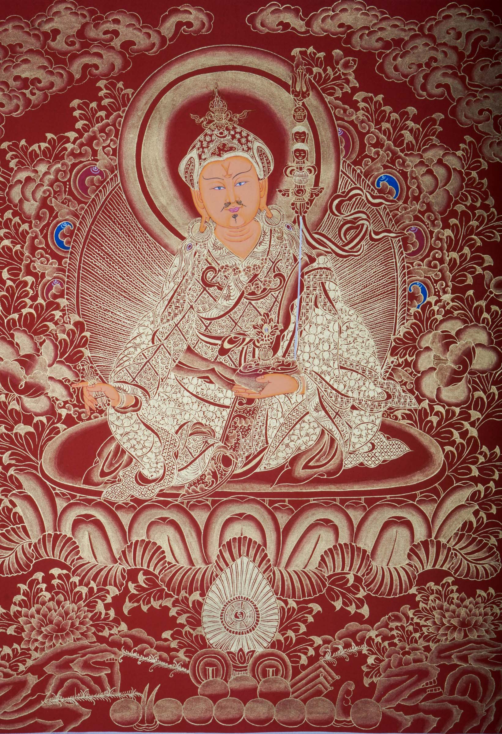 This genuine Tibetan Guru Padmasambhava Thangka honors the Lotus-Born master, symbolizing wisdom, protection, and spiritual power. Hand-painted with rich colors and sacred detail, it radiates blessings through the mantra Om Ah Hum Vajra Guru Padma Siddhi Hum.