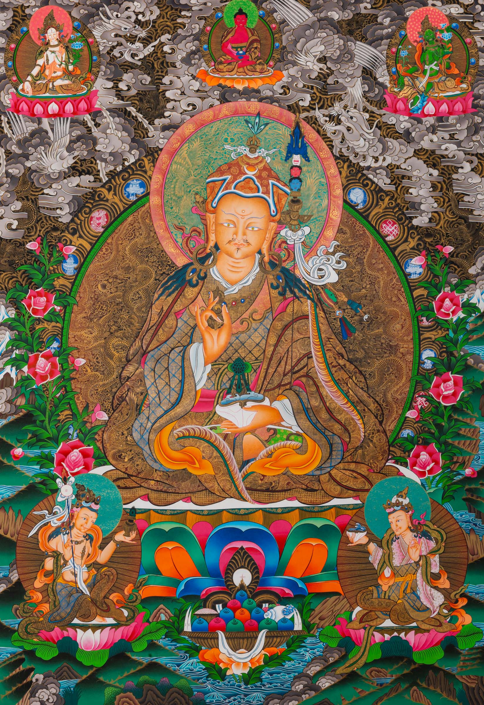 Guru Padmasambhava, also known as Guru Rinpoche, is a revered figure in Tibetan Buddhism, considered a fully enlightened being who manifested to benefit sentient beings. Exclusive Guru Padmasambhava Thangka with central figure seated in meditation, two disciples below, and three deities above in Tibetan Buddhist art style.