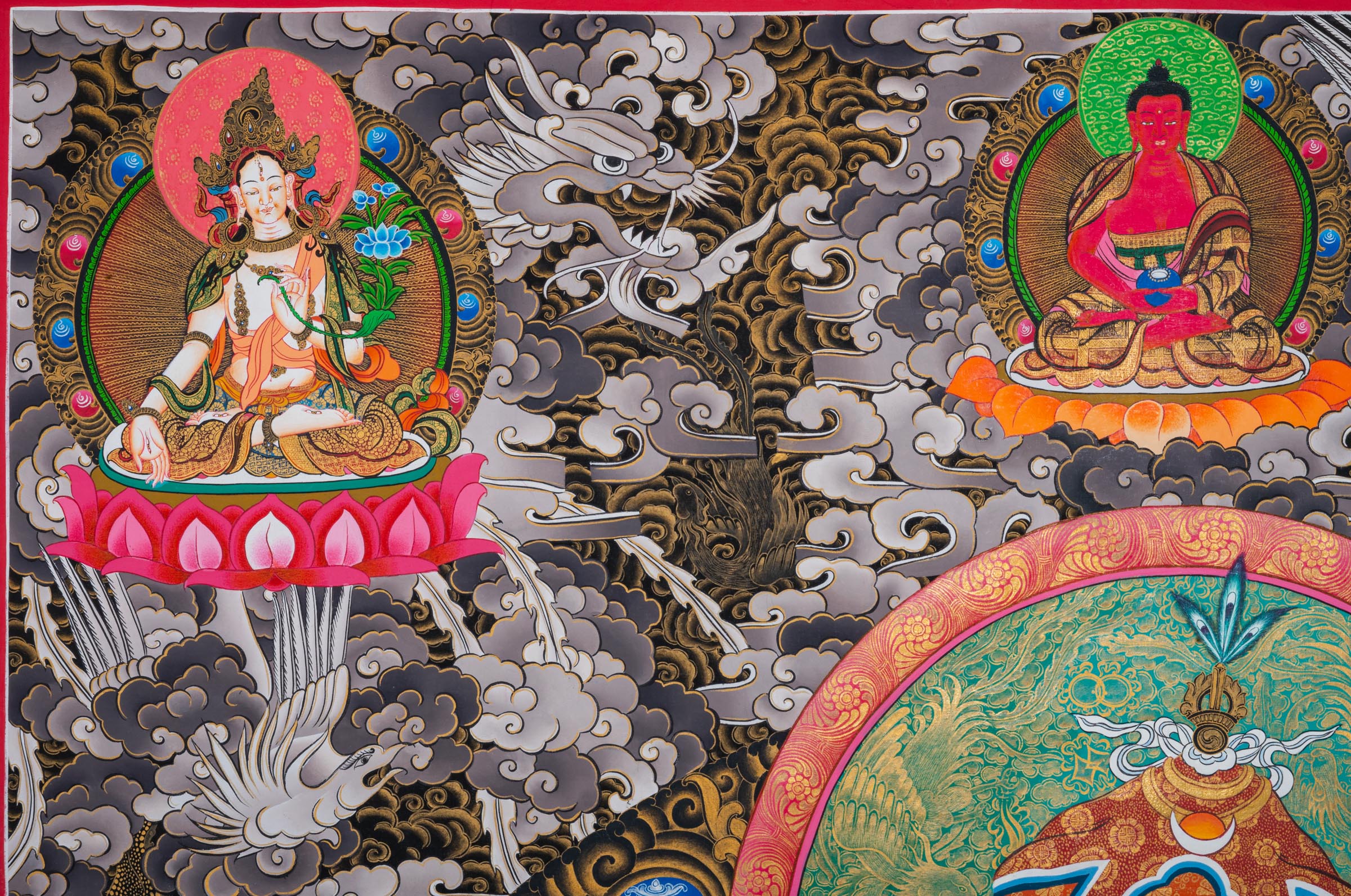 Exclusive Guru Rinpoche Thangka with central figure seated in meditation, two disciples below, and three deities above in Tibetan Buddhist art style.