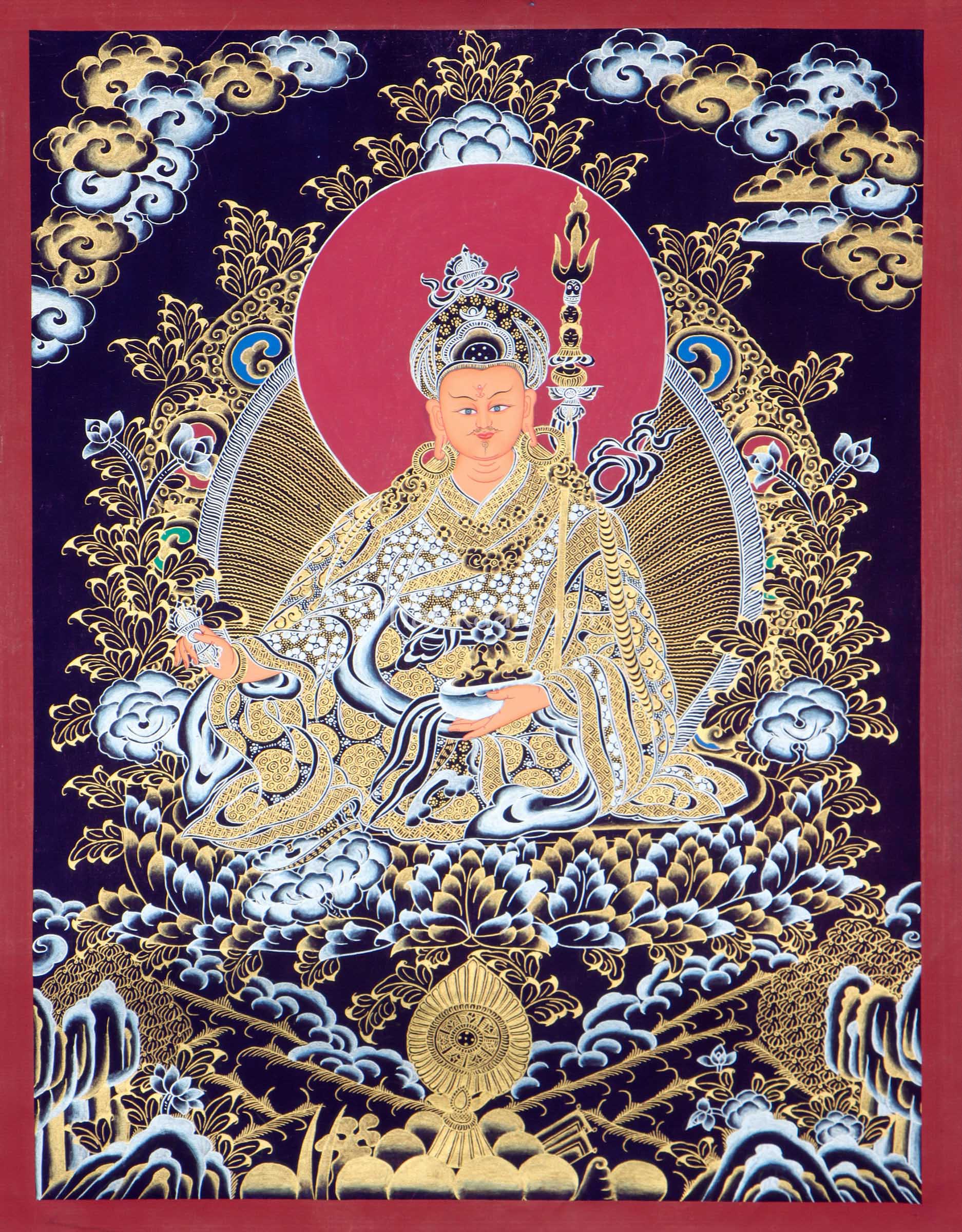 This genuine Guru Padmasambhava Thangka, hand-painted with natural mineral pigments, captures the sacred presence of the "Second Buddha" and serves as a powerful symbol of protection, wisdom, and spiritual awakening.
