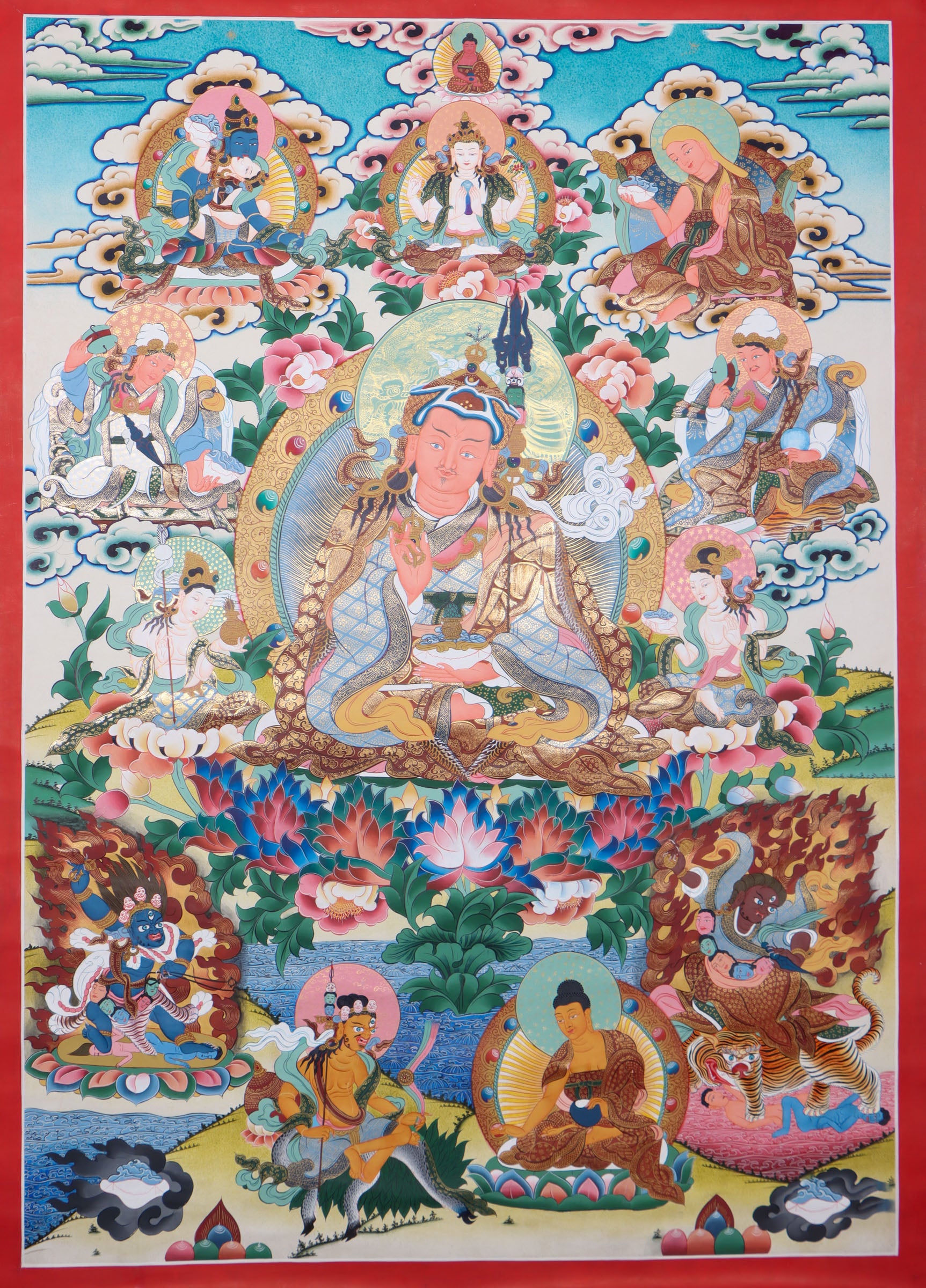 Guru Padmasambhava, the "Second Buddha," brought Buddhism to Tibet and is revered for his wisdom and spiritual power. This authentic Thangka, hand-painted with natural pigments, beautifully depicts his enlightened presence for meditation and devotion.