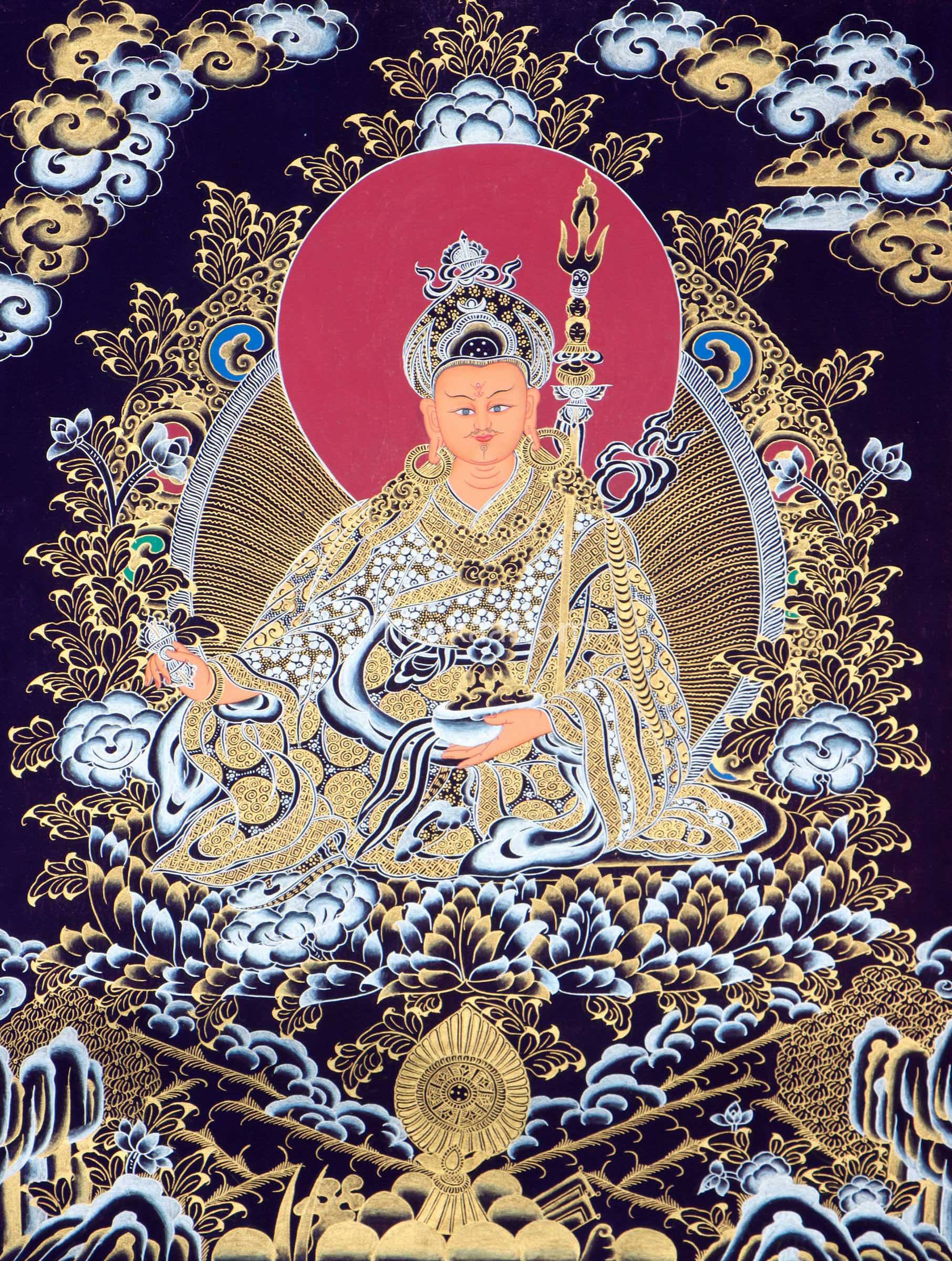 This genuine Guru Padmasambhava Thangka, hand-painted with natural mineral pigments, captures the sacred presence of the "Second Buddha" and serves as a powerful symbol of protection, wisdom, and spiritual awakening.