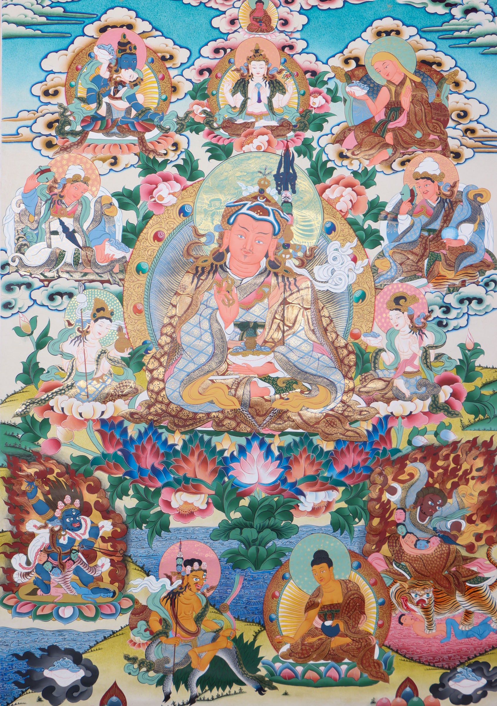 Guru Padmasambhava, the "Second Buddha," brought Buddhism to Tibet and is revered for his wisdom and spiritual power. This authentic Thangka, hand-painted with natural pigments, beautifully depicts his enlightened presence for meditation and devotion.