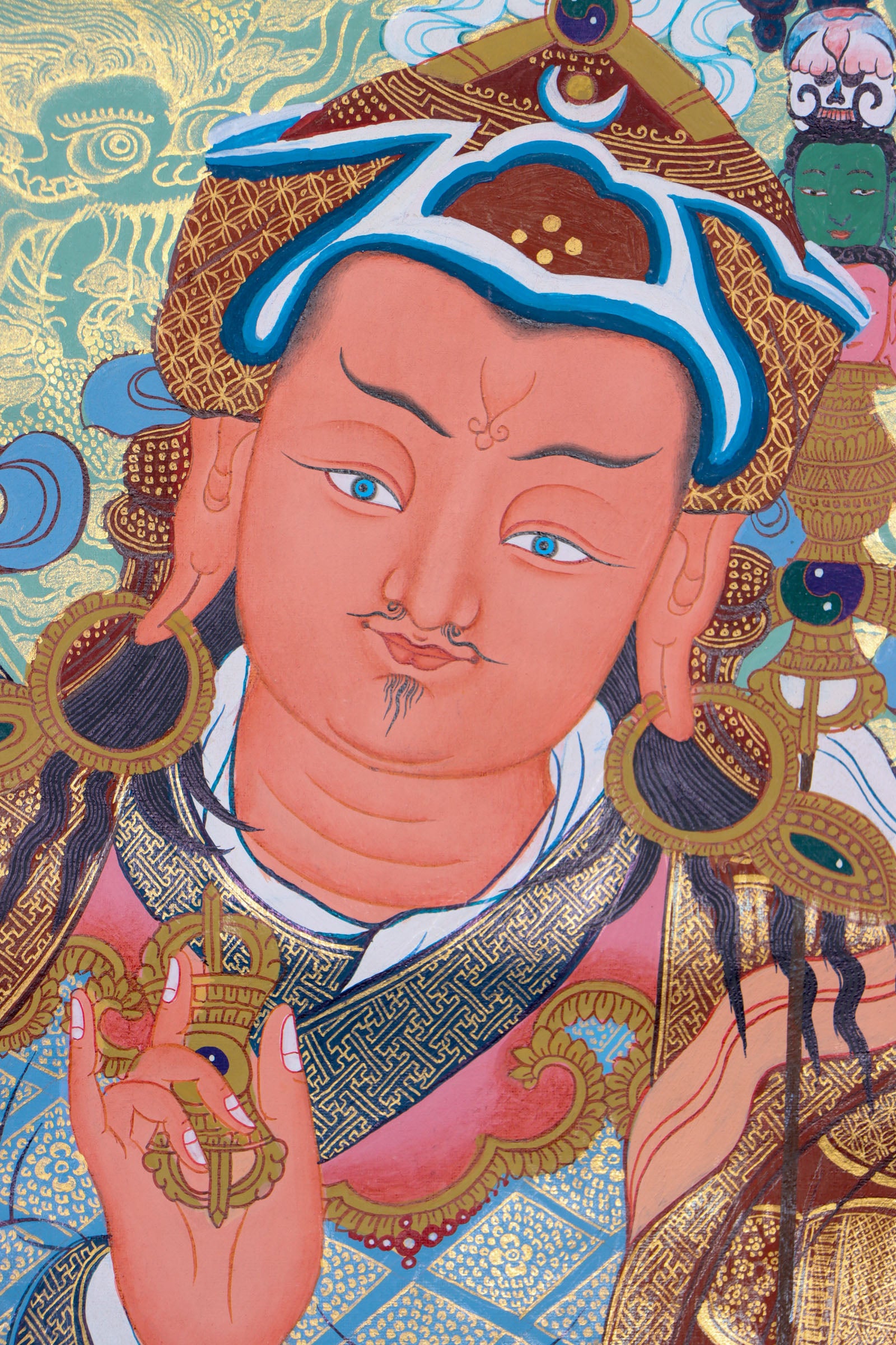 Guru Padmasambhava, the "Second Buddha," brought Buddhism to Tibet and is revered for his wisdom and spiritual power. This authentic Thangka, hand-painted with natural pigments, beautifully depicts his enlightened presence for meditation and devotion.