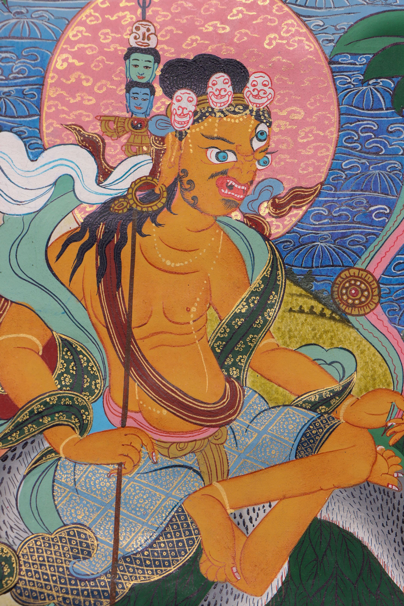 Guru Padmasambhava, the "Second Buddha," brought Buddhism to Tibet and is revered for his wisdom and spiritual power. This authentic Thangka, hand-painted with natural pigments, beautifully depicts his enlightened presence for meditation and devotion.