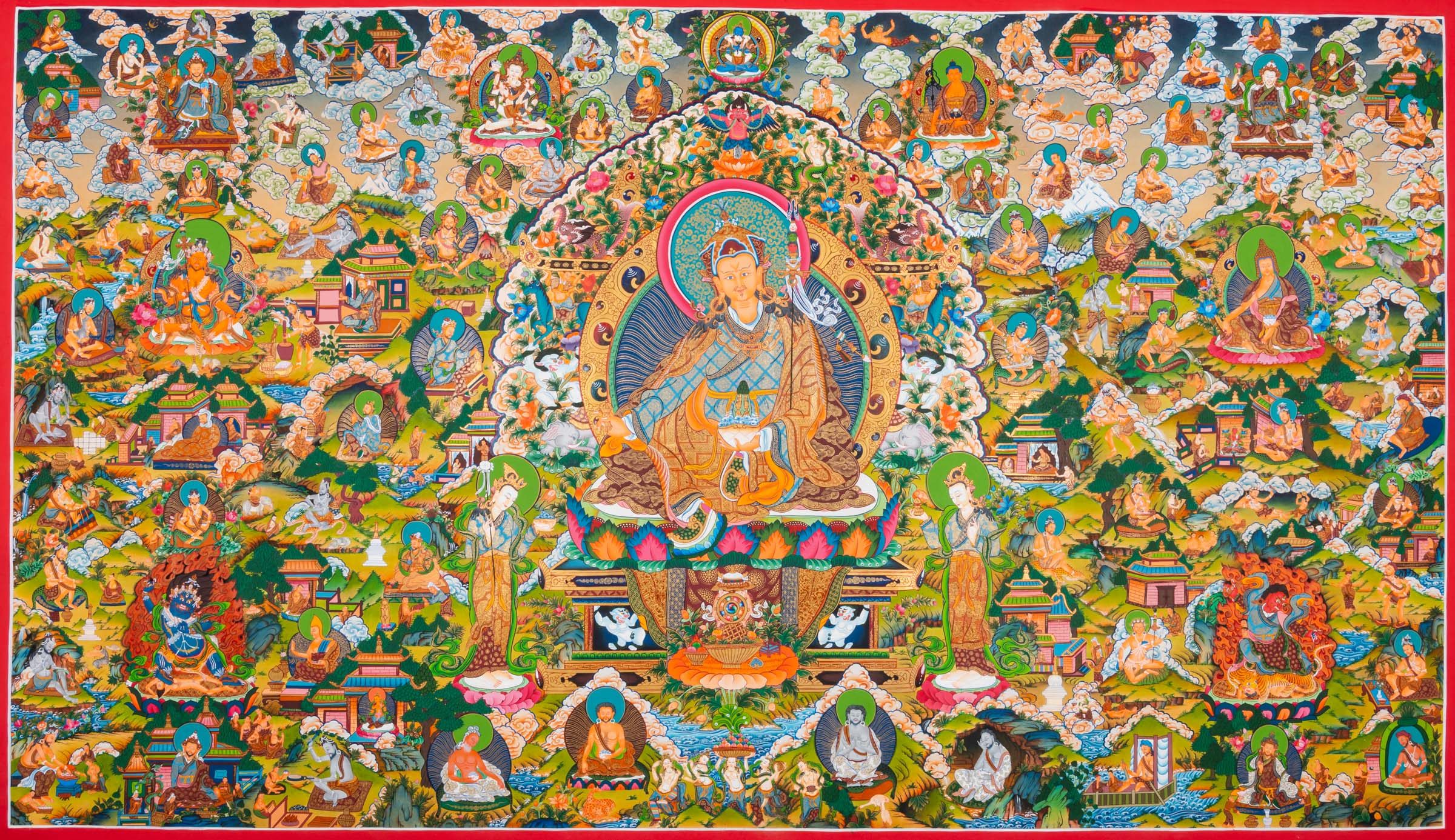 Exclusive Guru Thangka painting featuring Guru Padmasambhava at the center with surrounding life story scenes in traditional Tibetan Buddhist style. 