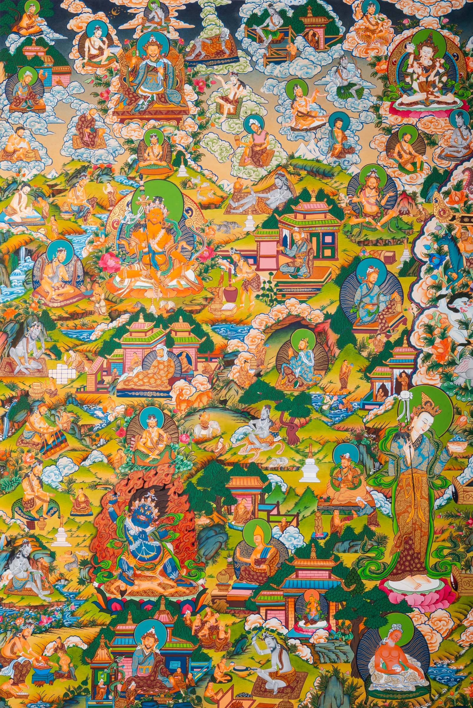 Exclusive Guru Thangka painting featuring Guru Padmasambhava at the center with surrounding life story scenes in traditional Tibetan Buddhist style.