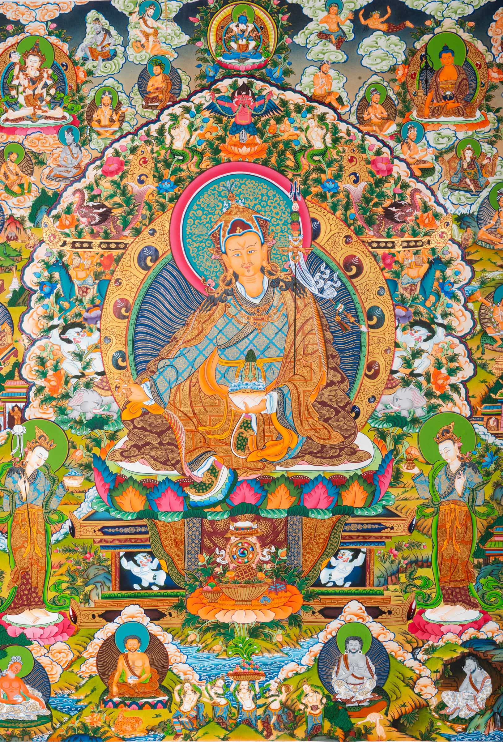 Exclusive Guru Thangka painting featuring Guru Padmasambhava at the center with surrounding life story scenes in traditional Tibetan Buddhist style.