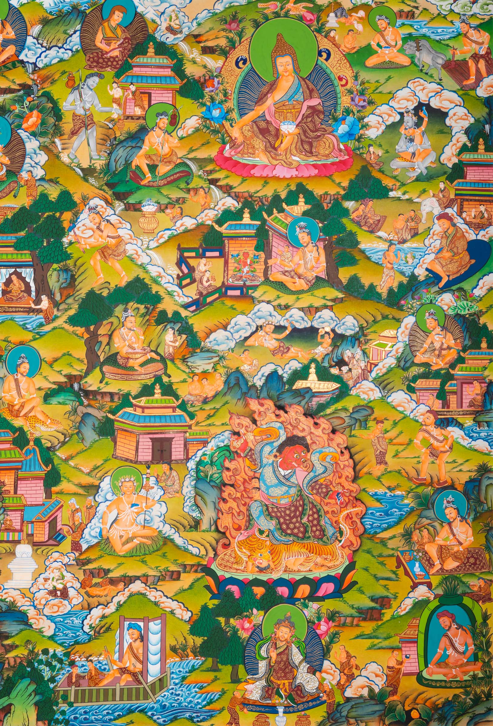 Exclusive Guru Thangka painting featuring Guru Padmasambhava at the center with surrounding life story scenes in traditional Tibetan Buddhist style.