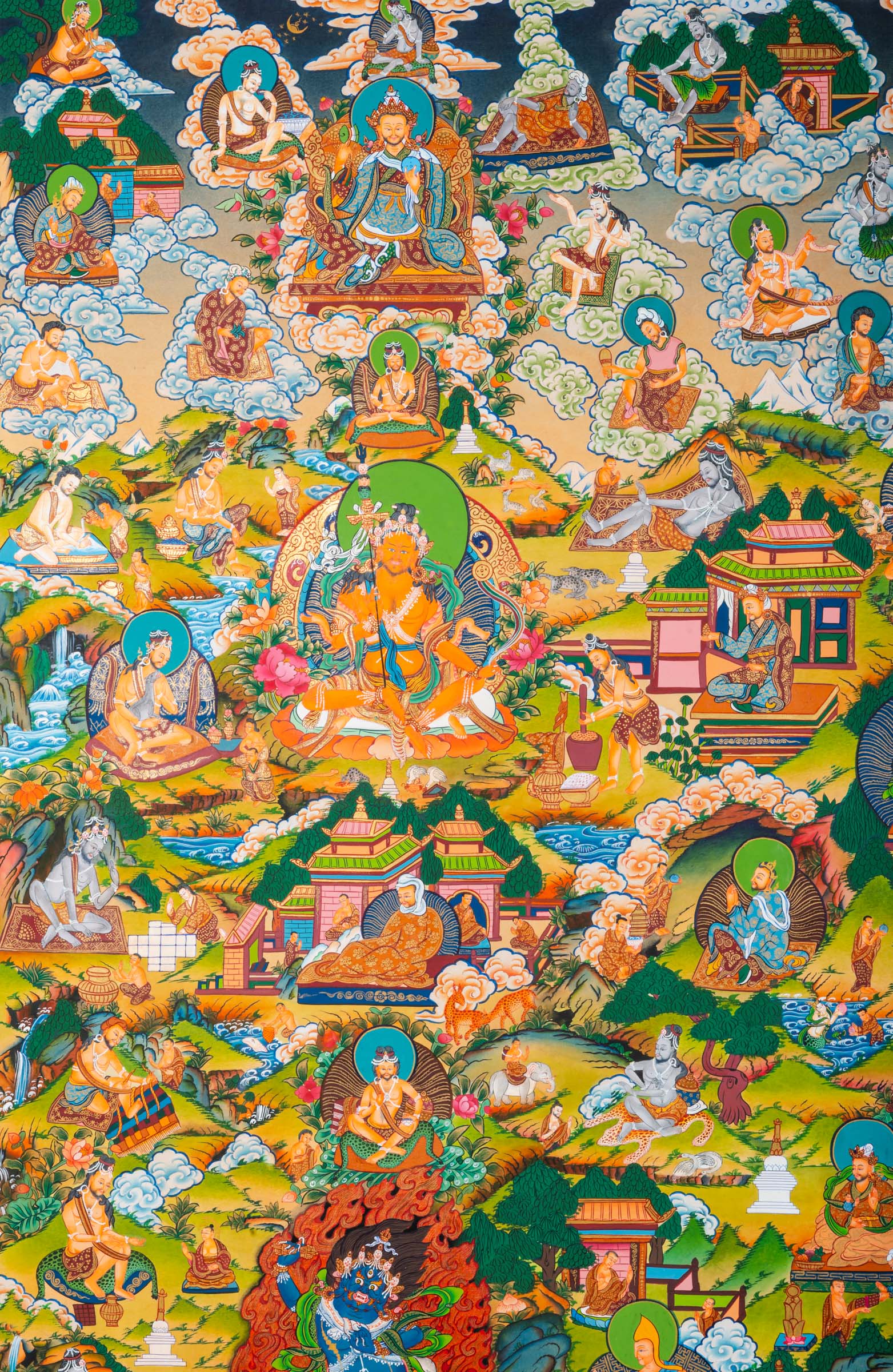 Exclusive Guru Thangka painting featuring Guru Padmasambhava at the center with surrounding life story scenes in traditional Tibetan Buddhist style.