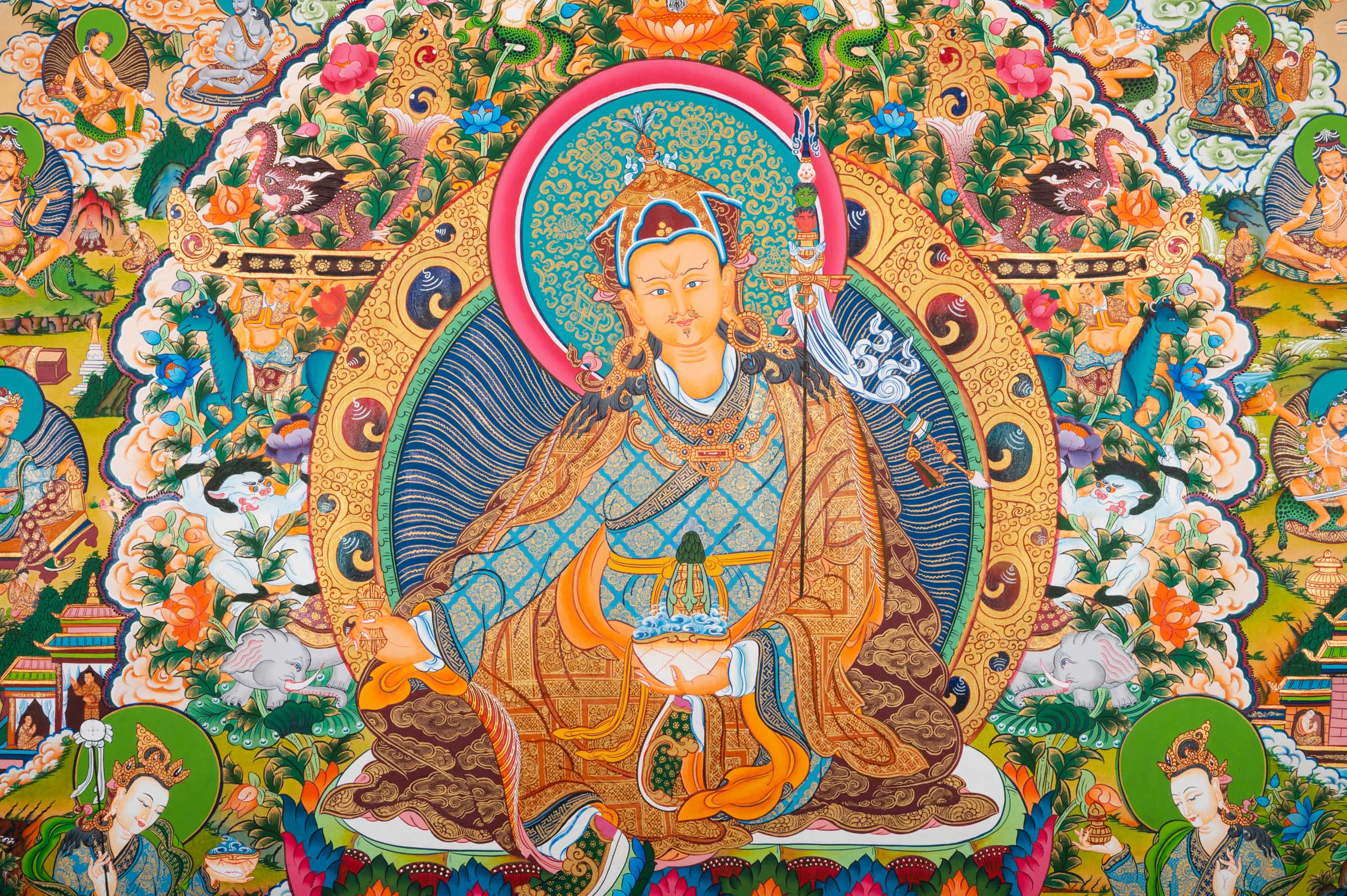 Exclusive Guru Thangka painting featuring Guru Padmasambhava at the center with surrounding life story scenes in traditional Tibetan Buddhist style. 