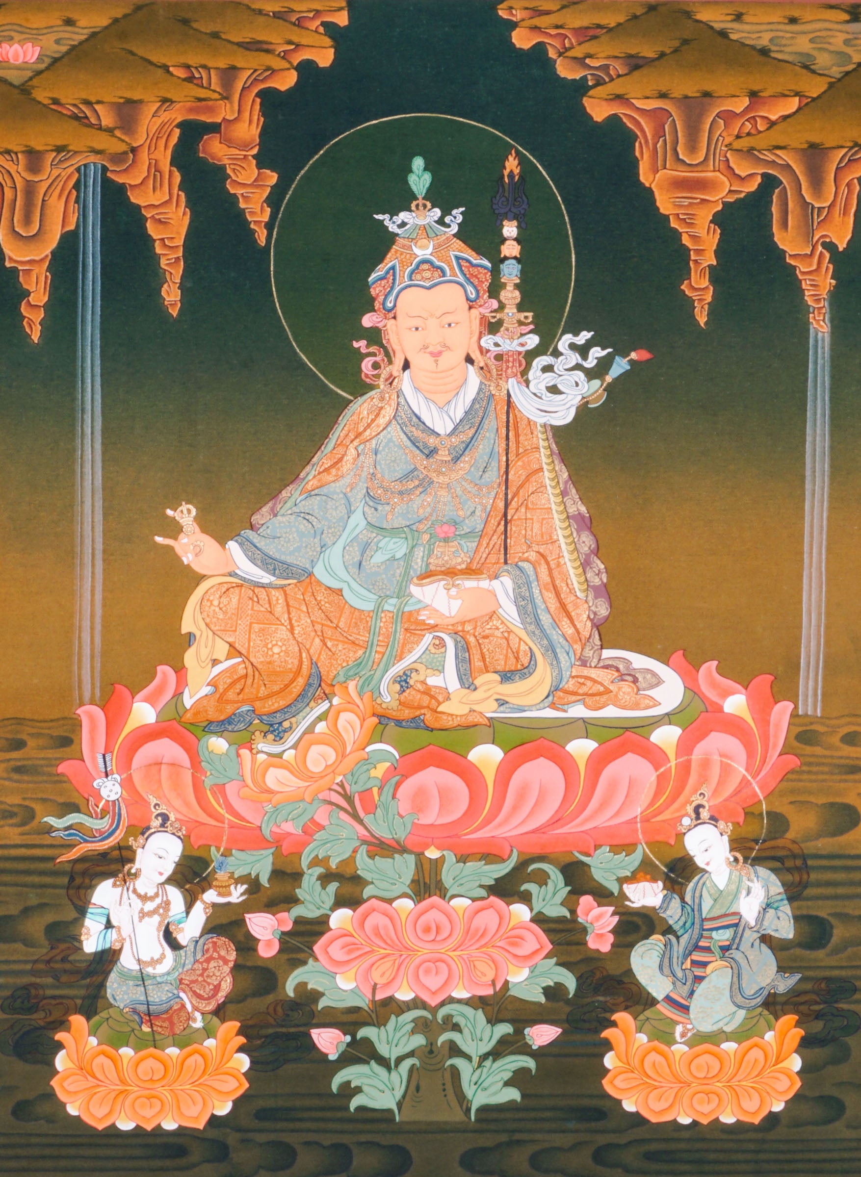 The Guru Rinpoche Thangka, hand-painted using traditional techniques and natural pigments, honors Padmasambhava, the revered master who brought Buddhism to Tibet. This sacred Tibetan Buddhist thangka symbolizes wisdom, compassion, and spiritual protection, making it ideal for meditation, personal devotion, and authentic spiritual decor.