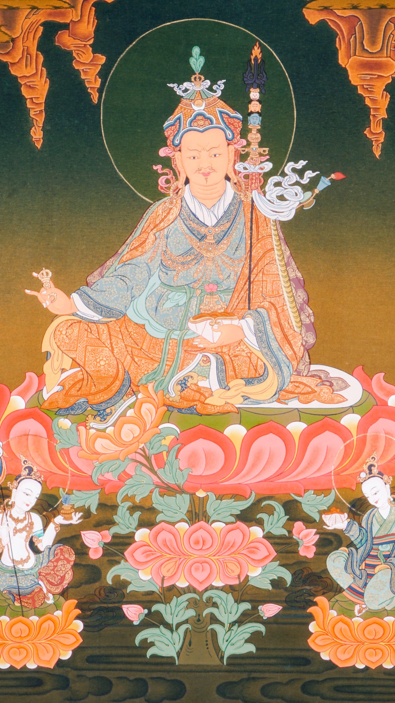 The Guru Rinpoche Thangka, hand-painted using traditional techniques and natural pigments, honors Padmasambhava, the revered master who brought Buddhism to Tibet. This sacred Tibetan Buddhist thangka symbolizes wisdom, compassion, and spiritual protection, making it ideal for meditation, personal devotion, and authentic spiritual decor.