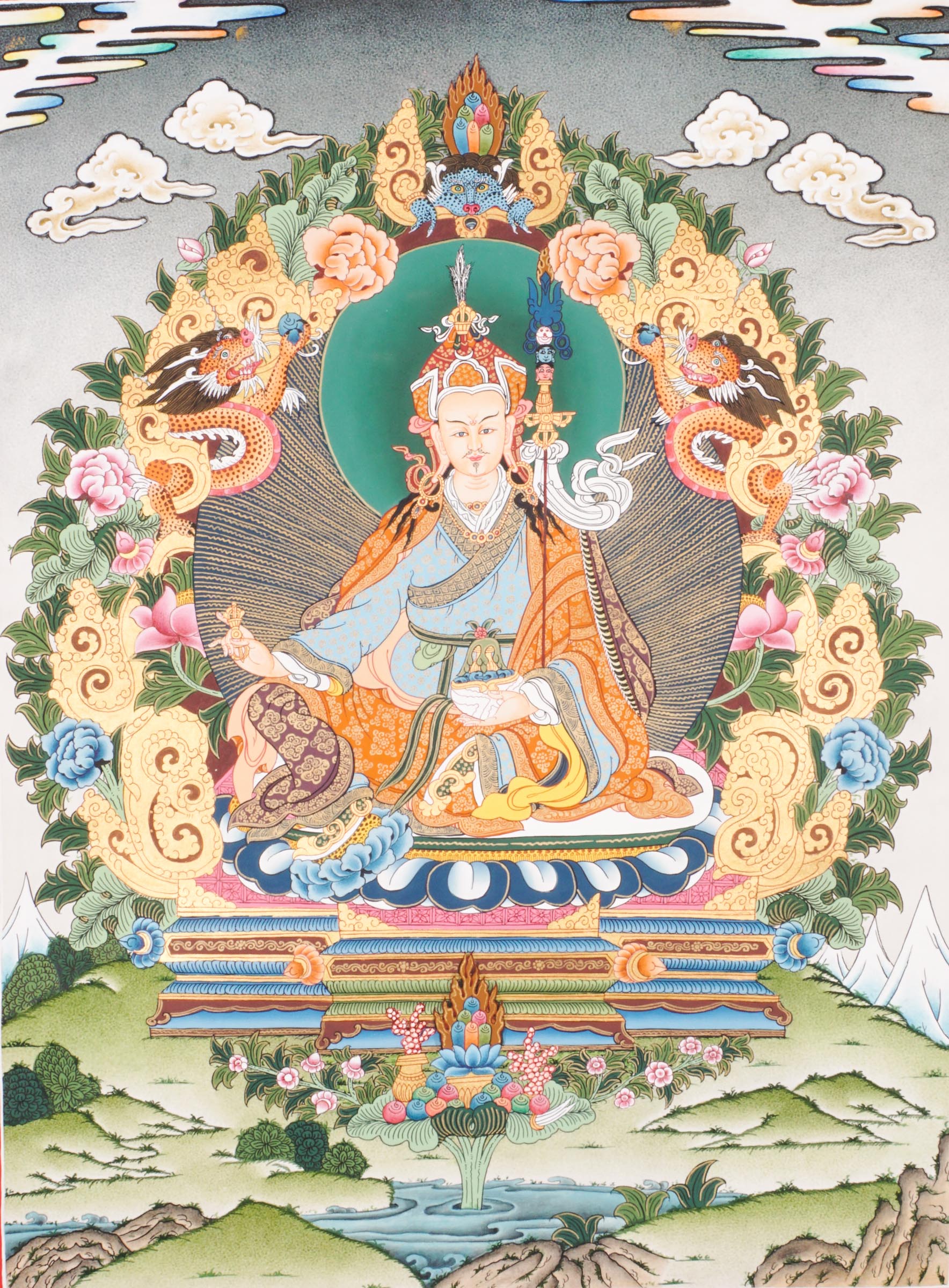 Guru Rinpoche Thangka is a sacred Tibetan Buddhist painting that honors Padmasambhava, the enlightened master known for introducing Buddhism to Tibet and removing obstacles with wisdom and compassion. Hand-painted with natural mineral pigments, this thangka brings blessings of protection, spiritual power, and peace to any meditation or sacred space.